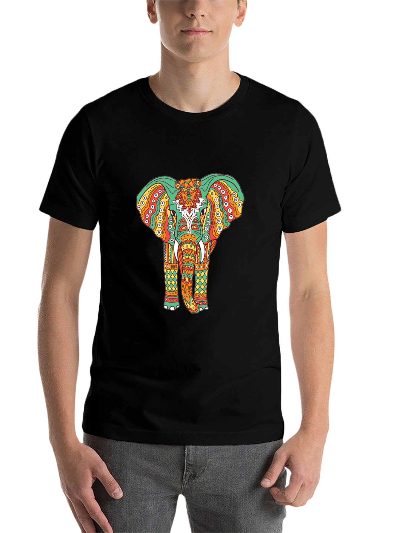 Black Elephant Graphic Tee - Bohemian Style Black T-Shirt view 7