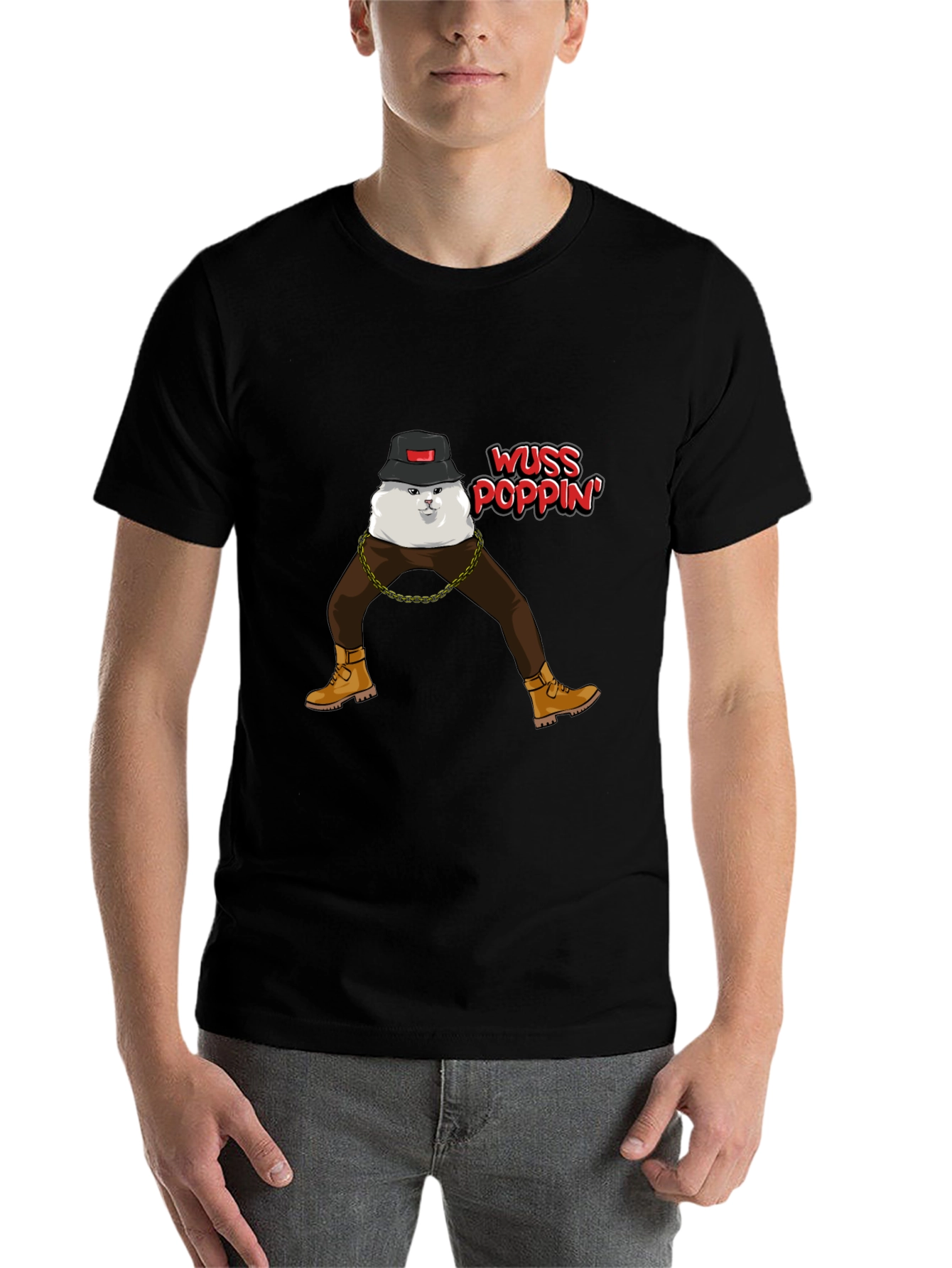 Black Wuss Poppin' Cat Graphic T-Shirt view 7