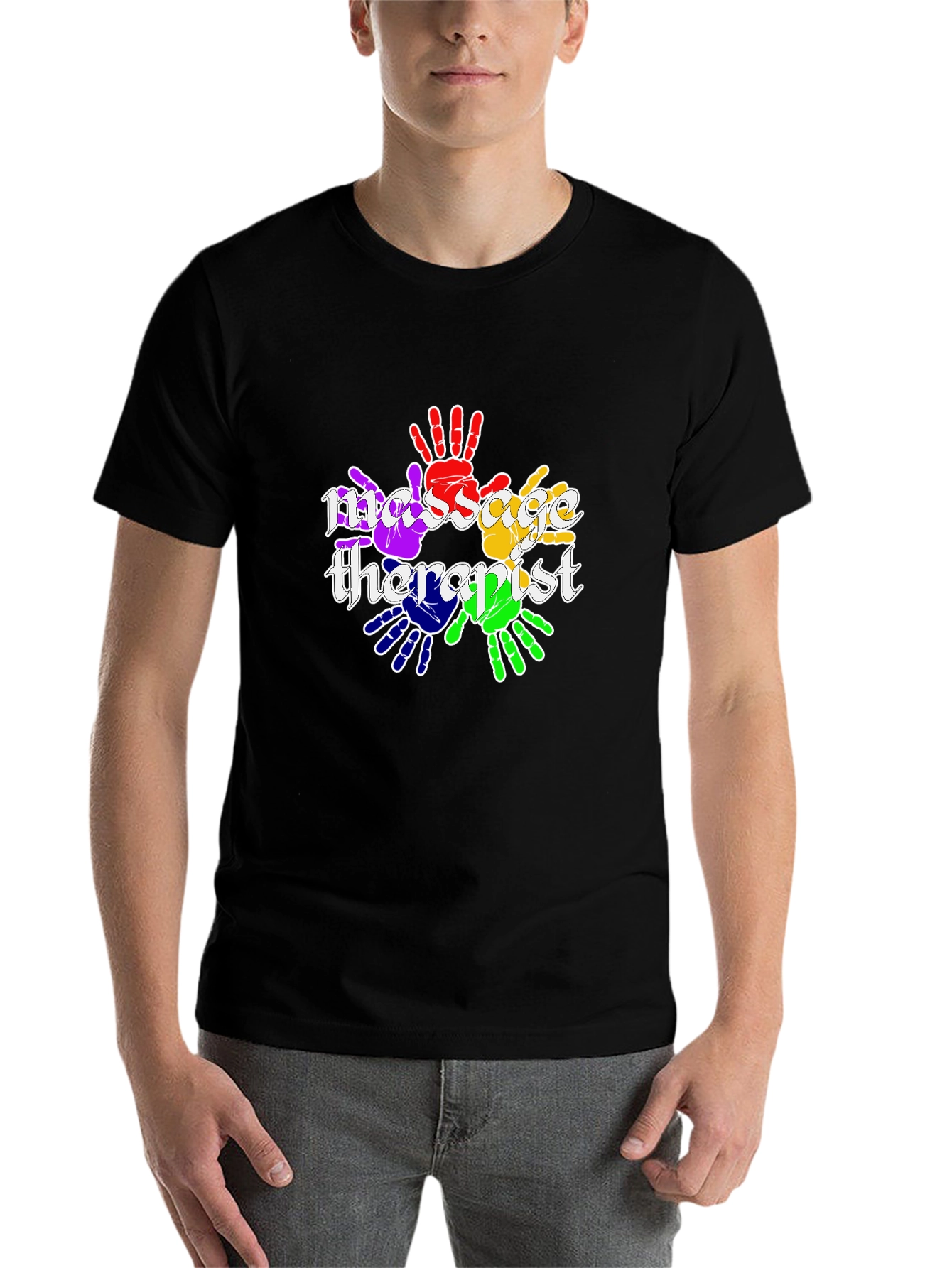 Black Massage Therapist Rainbow Handprint T-Shirt view 7
