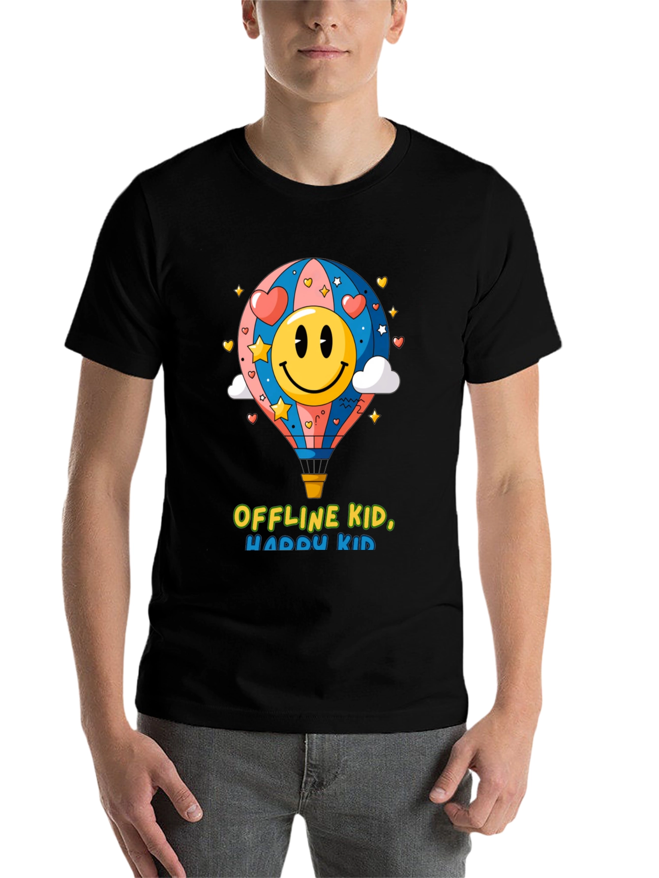Black Offline Kid, Happy Kid Black Graphic Tee view 7
