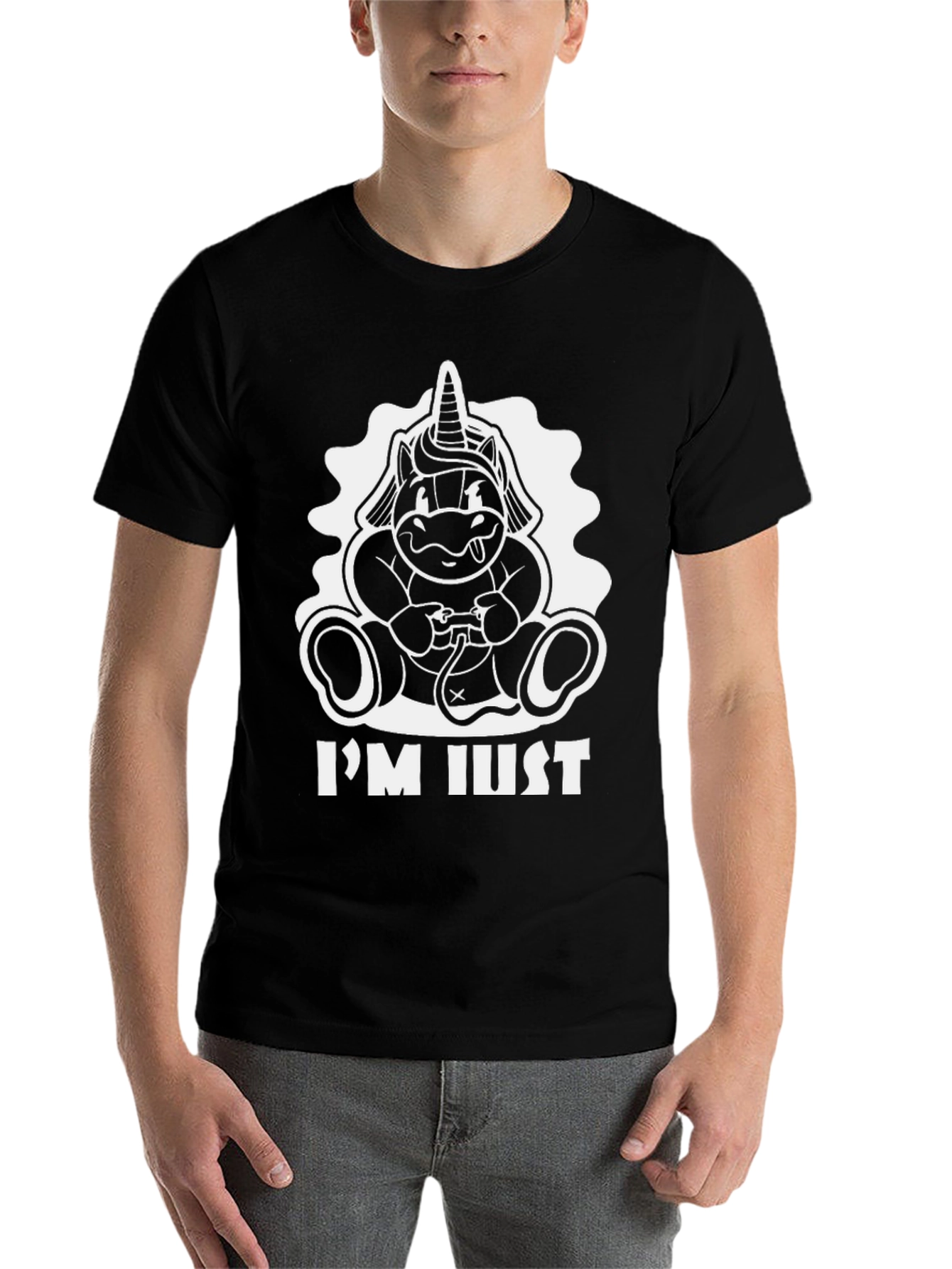 Black Unicorn Gamer Black T-Shirt - "I'm Just" view 7