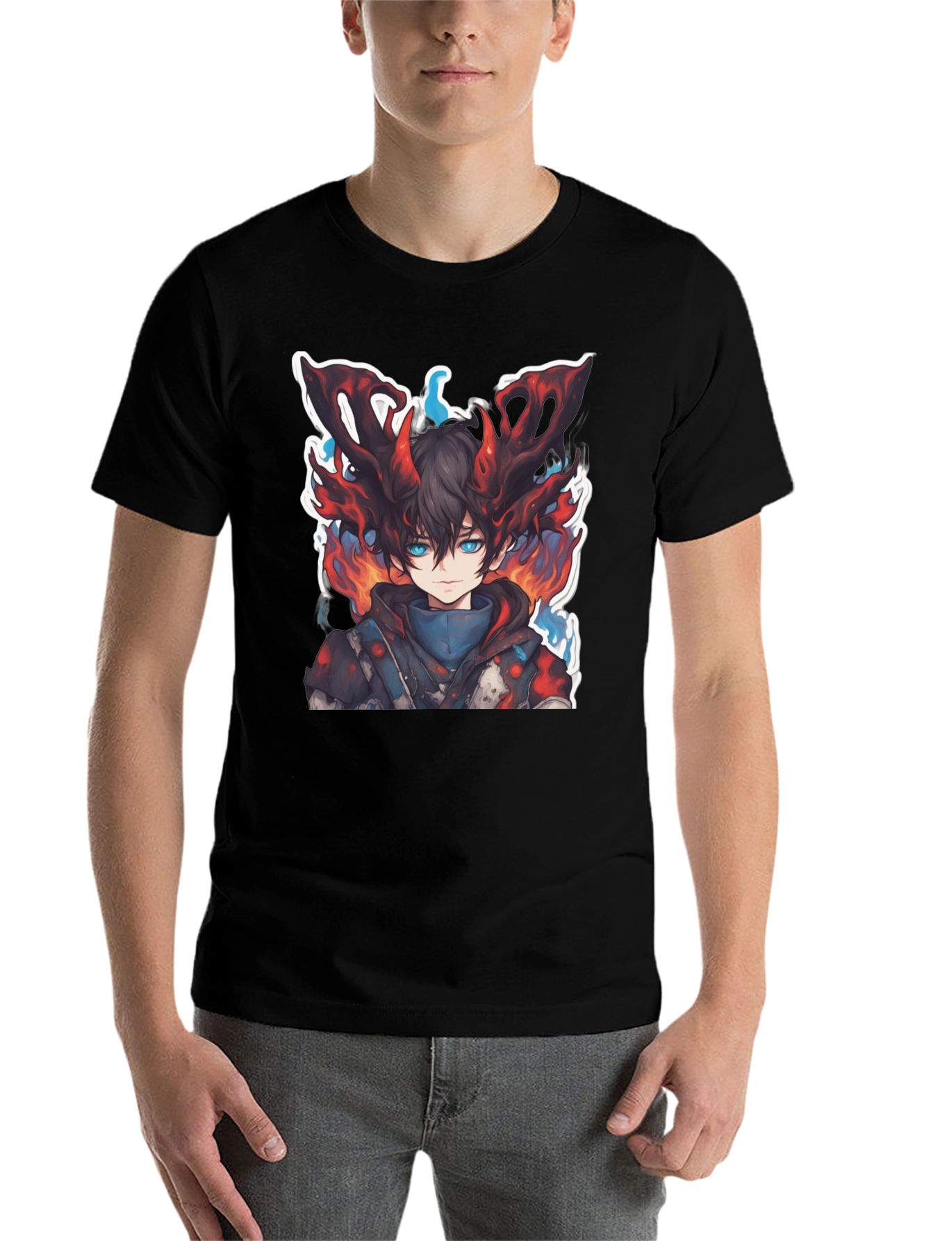 Black Anime Boy Graphic Tee - Fire Aura Design view 7