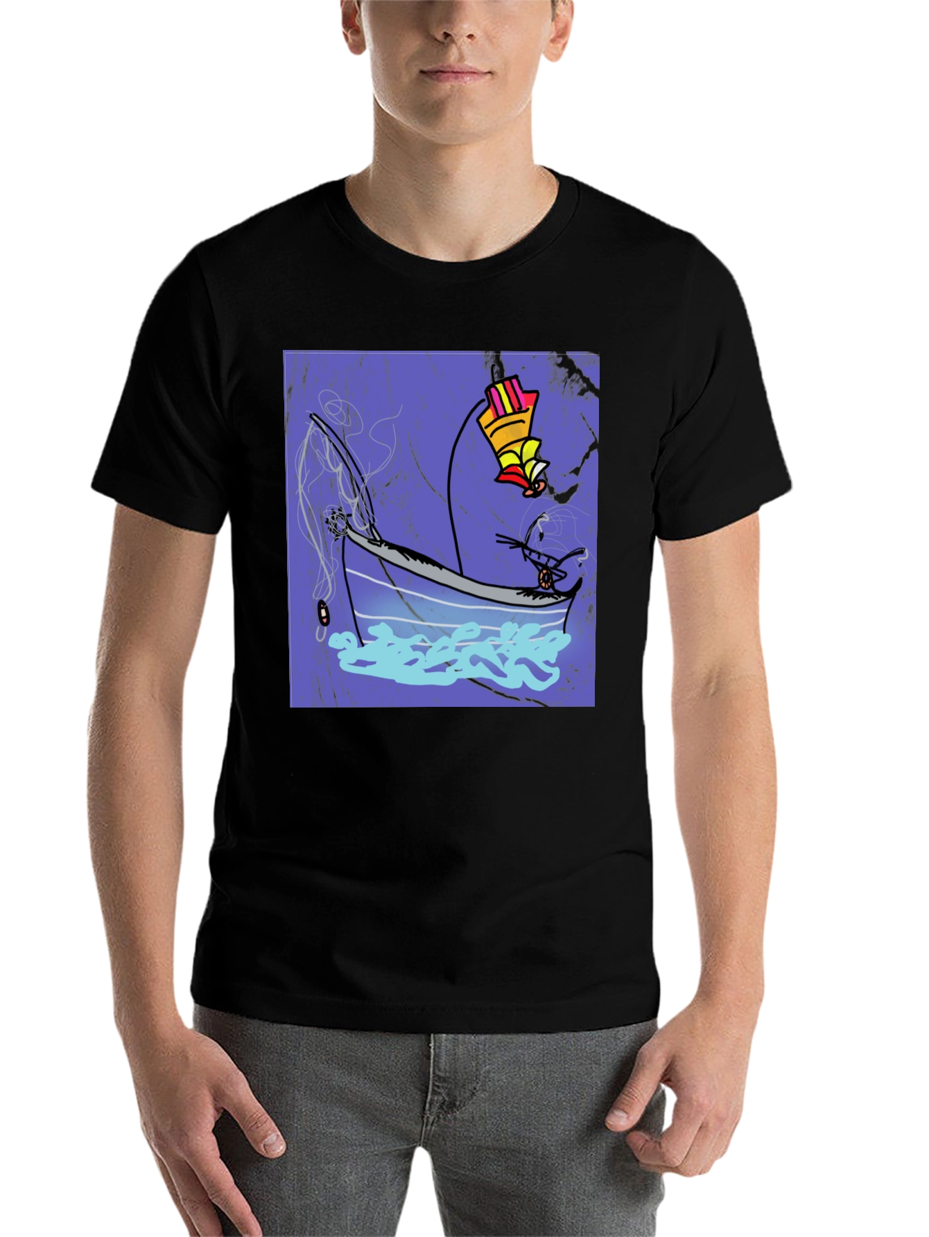 Black Fishing Boat Graphic Tee - Cool Artistic Design view 7