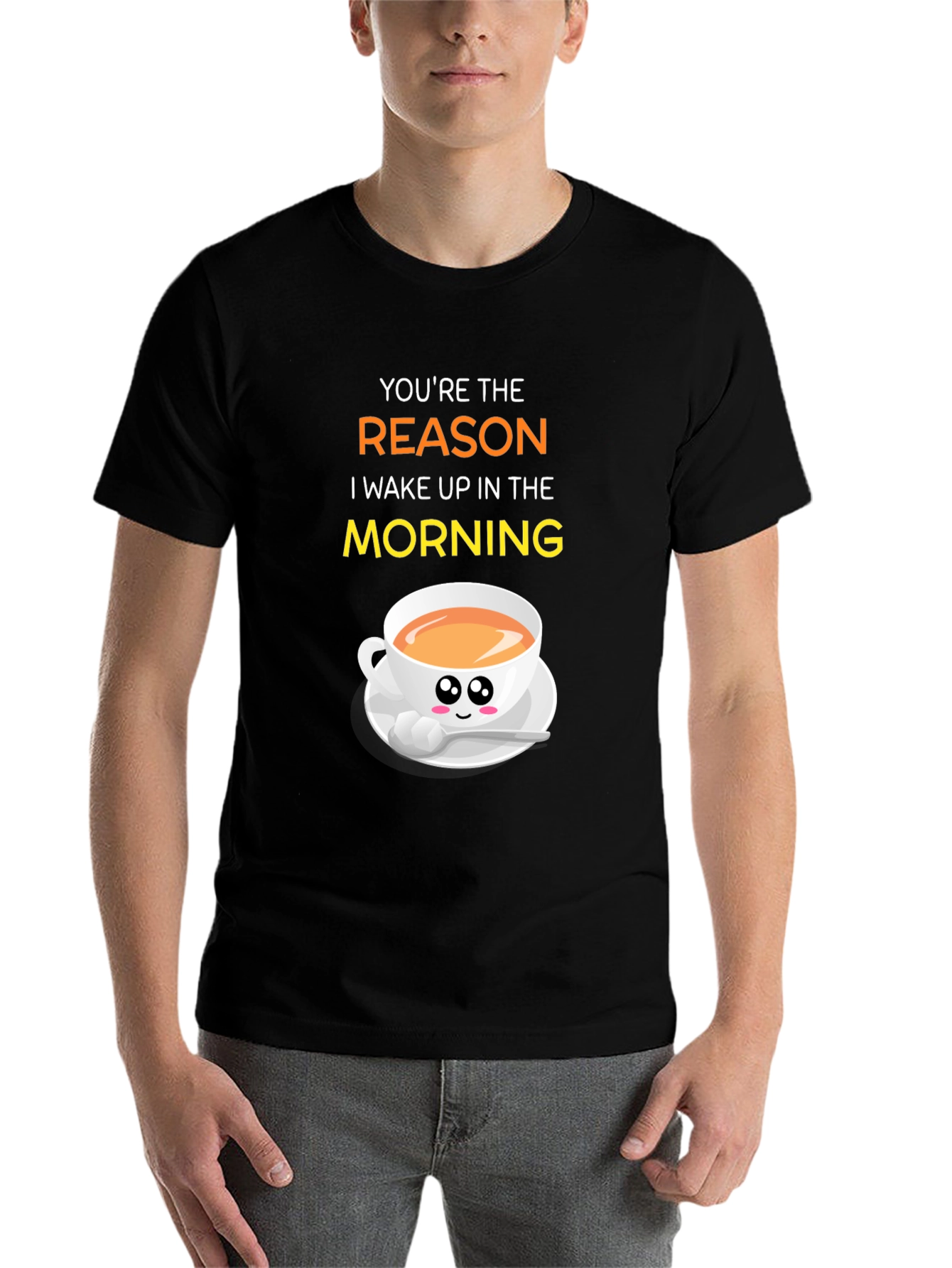 Black You're the Reason I Wake Up Coffee T-Shirt view 7