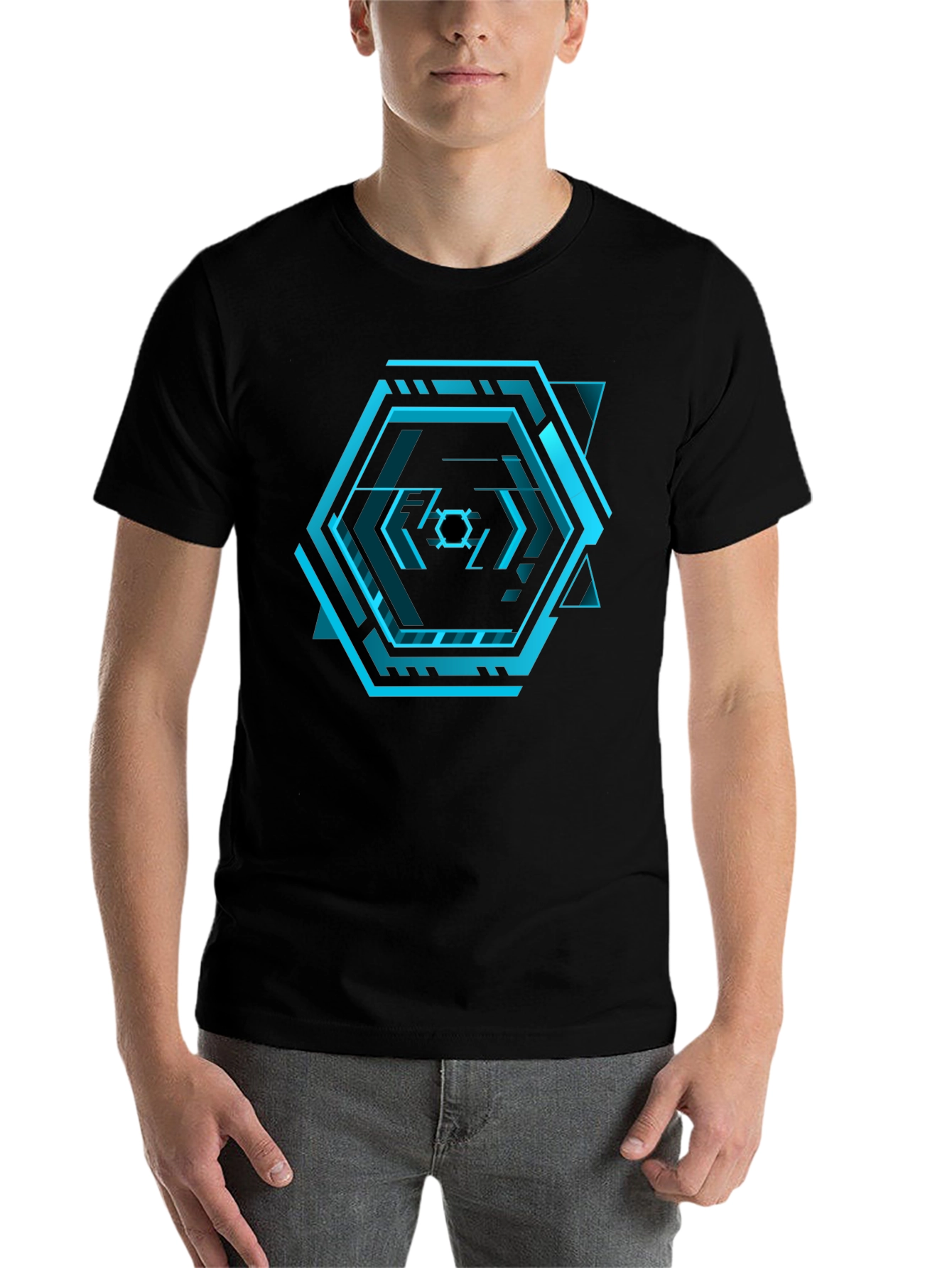 Black Cyberpunk Hexagon Black T-Shirt - Futuristic Design view 7
