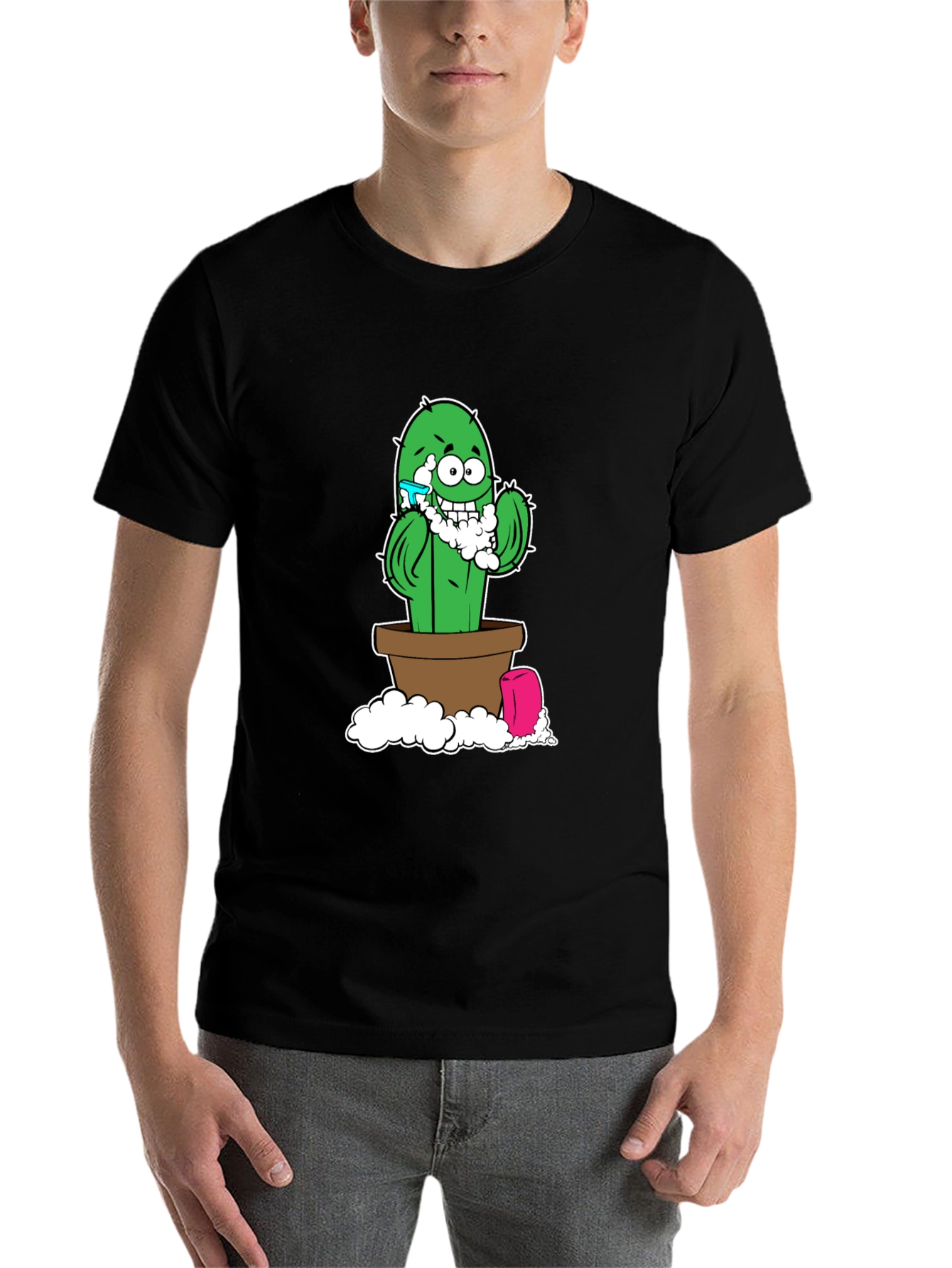 Black Funny Shaving Cactus Black T-Shirt view 7