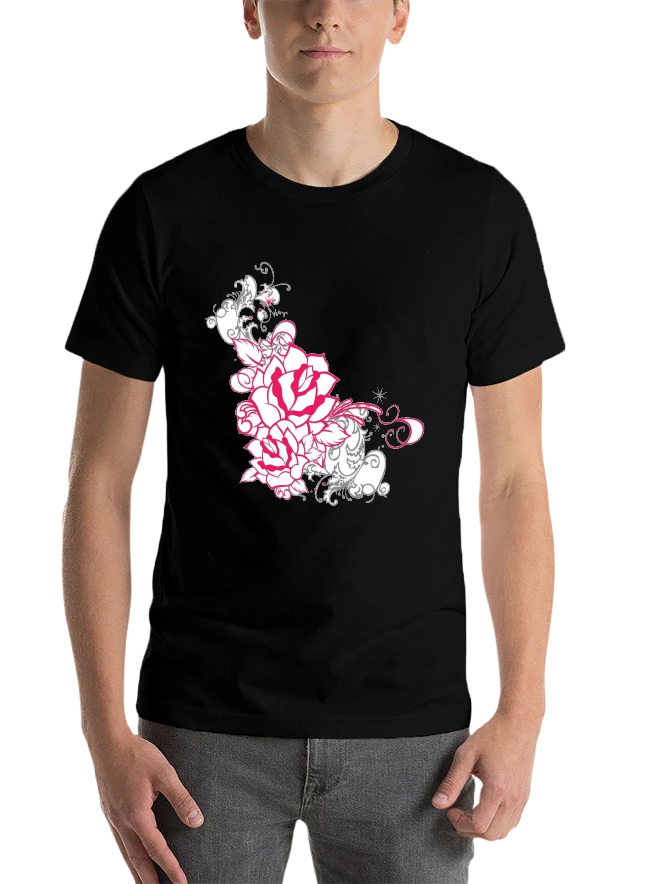 Black Floral Rose Graphic Tee - Black Cotton T-Shirt view 7