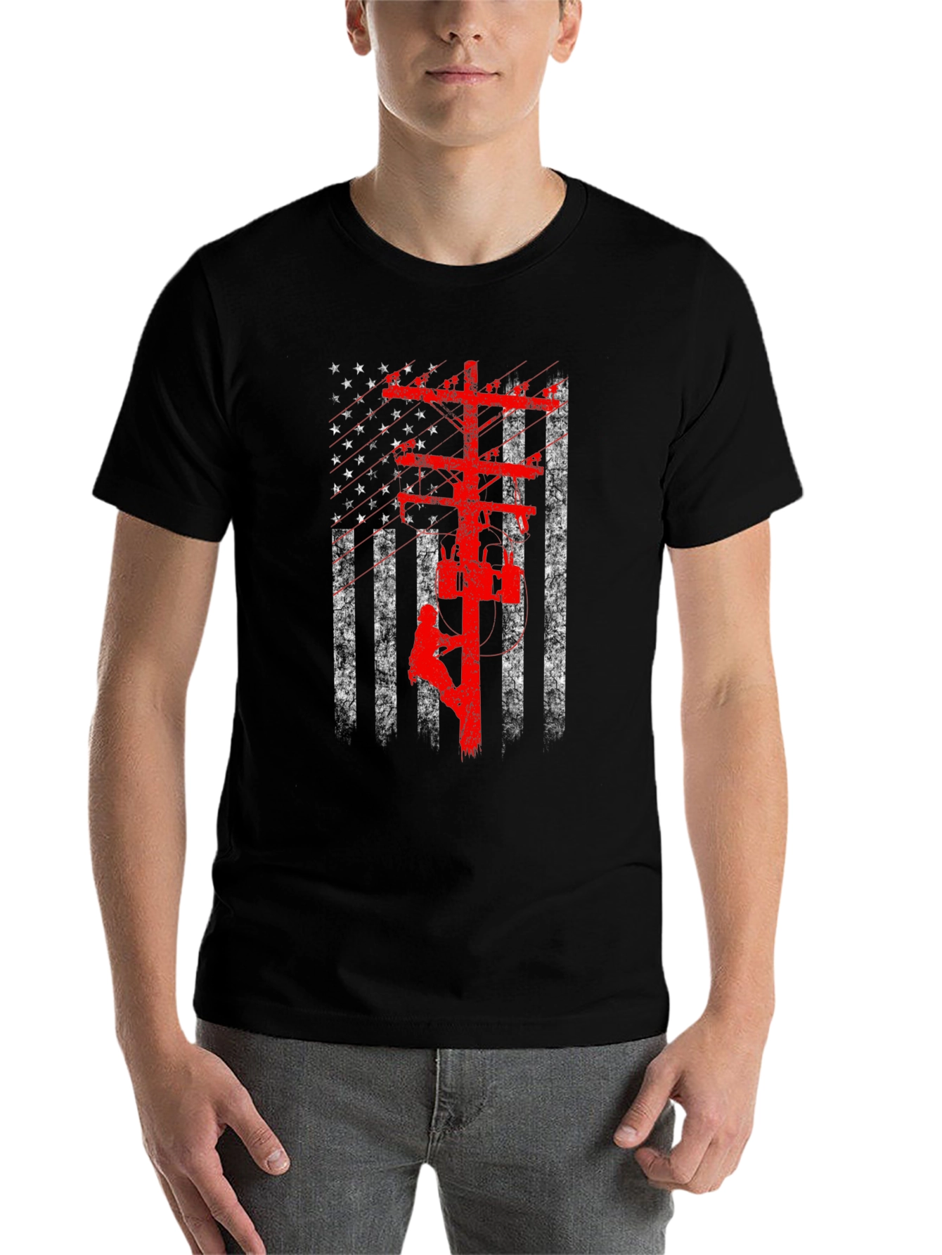 Black American Lineman Flag Graphic T-Shirt view 7