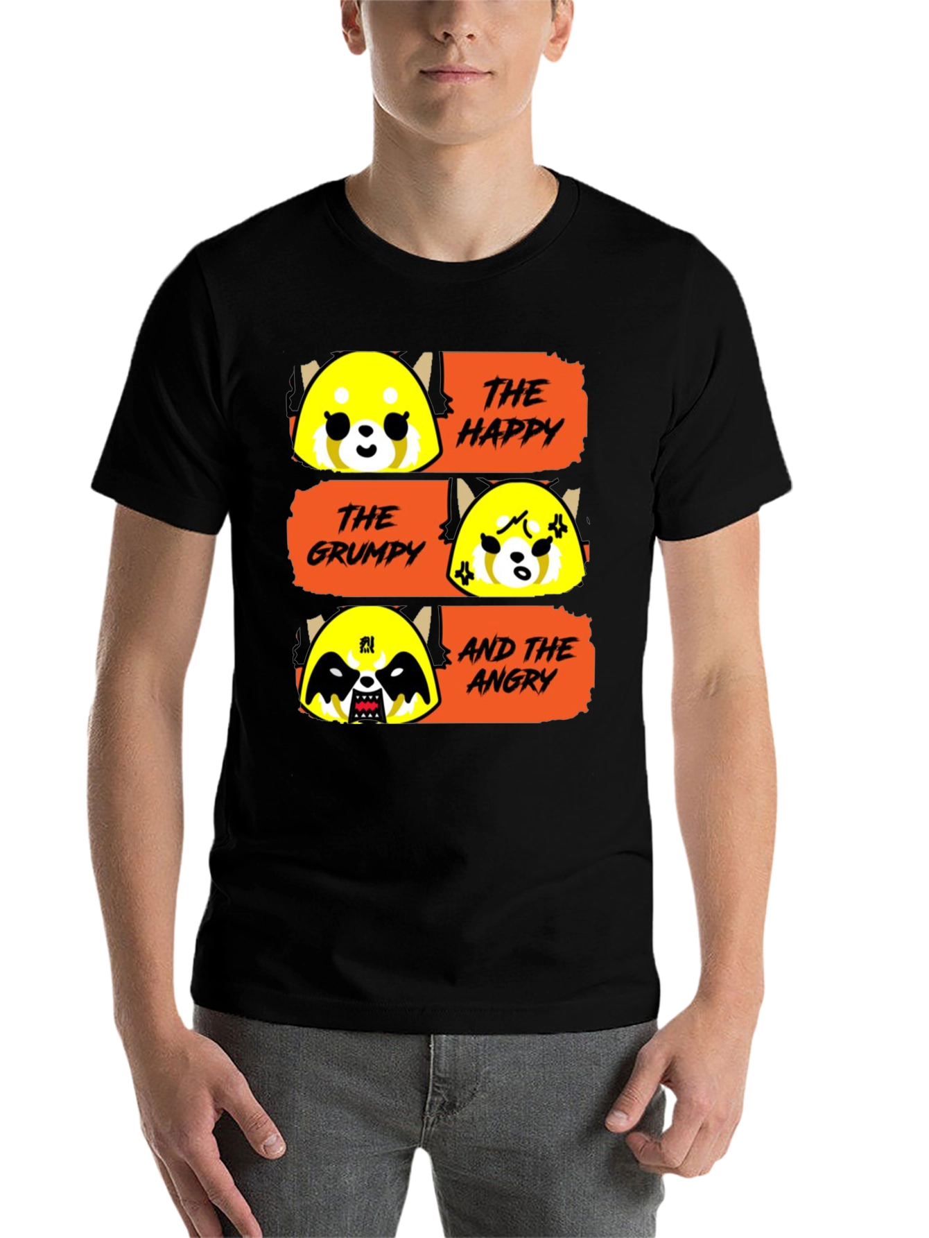 Black Aggretsuko Moods T-Shirt - Happy, Grumpy, Angry Red Panda view 7