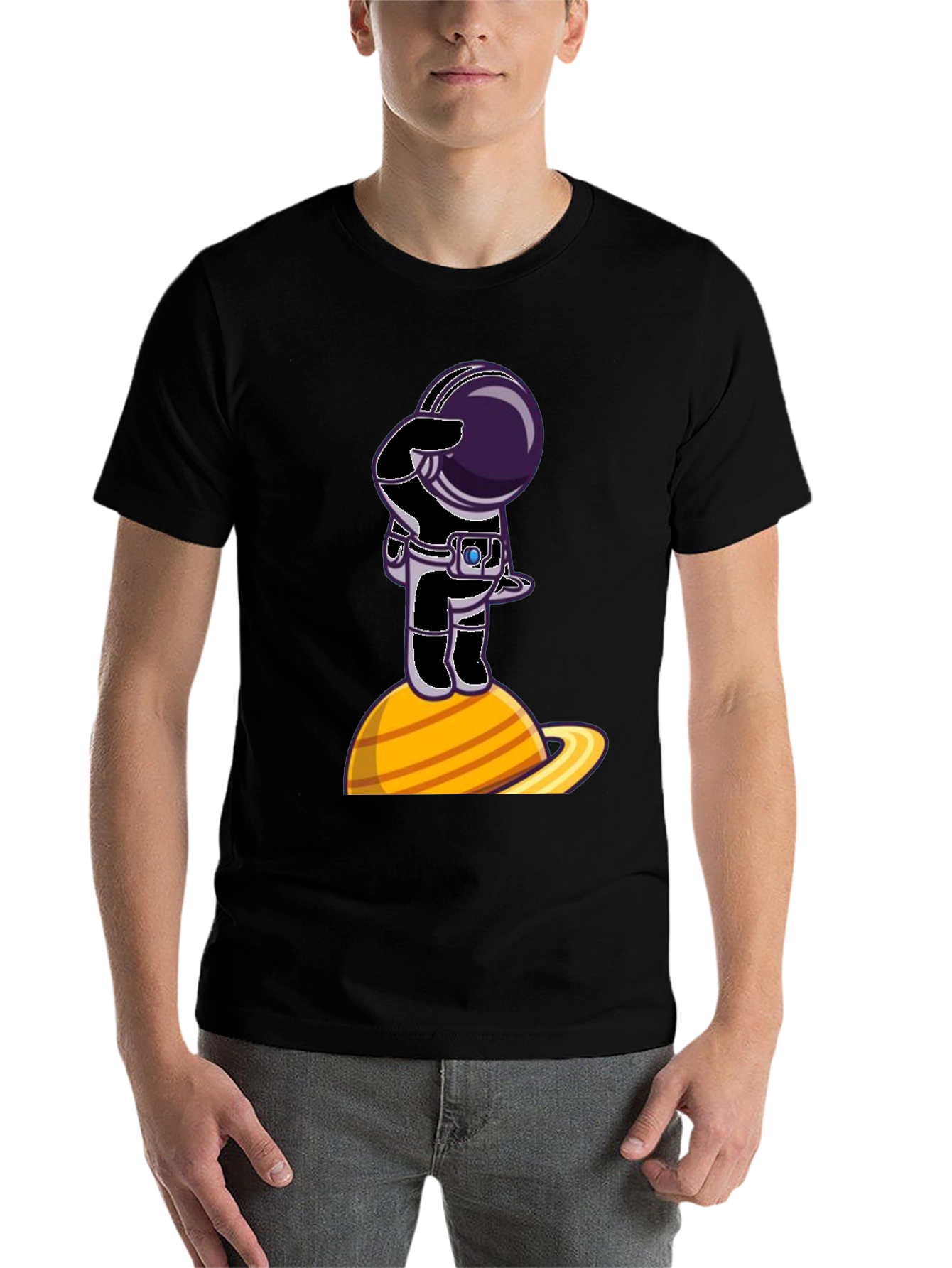 Black Astronaut on Saturn Graphic T-Shirt - Space Explorer view 7