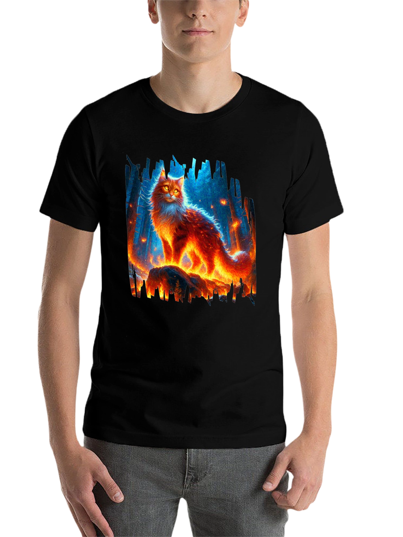 Black Fiery Cat Graphic Tee - Unique Design view 7