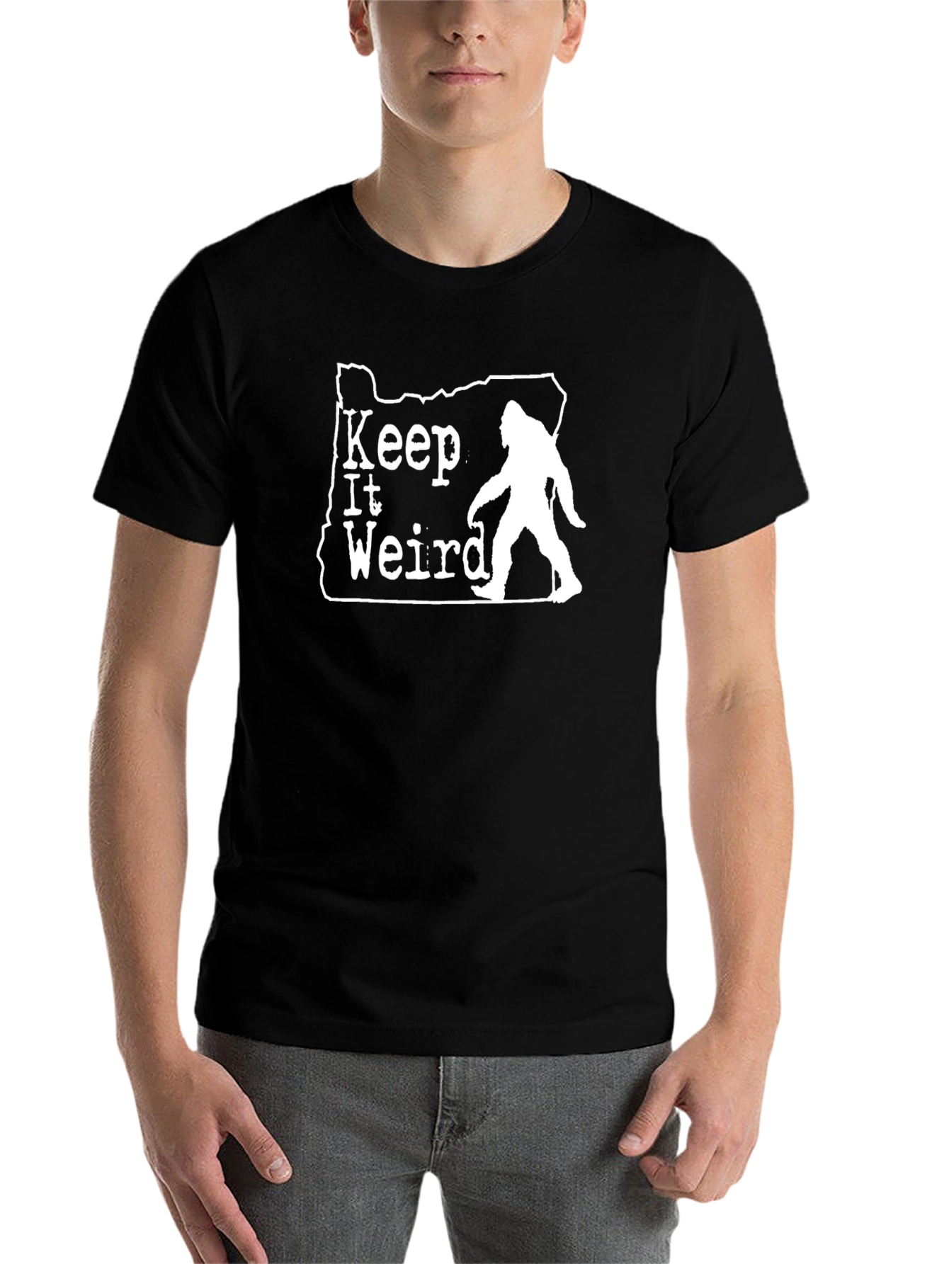 Black Keep It Weird Oregon Bigfoot T-Shirt view 7