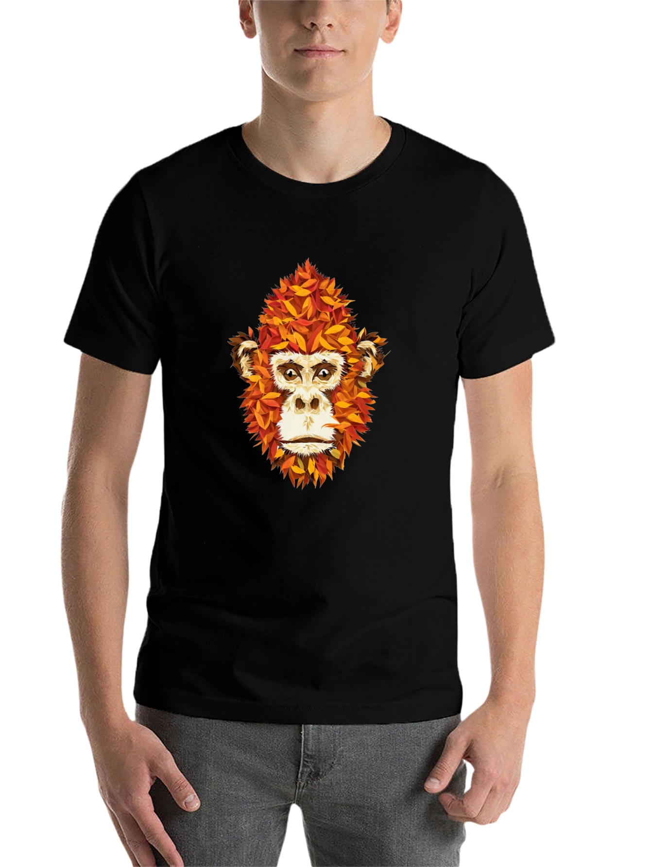 Black Unique Monkey Face Leaf Design Black T-Shirt view 7