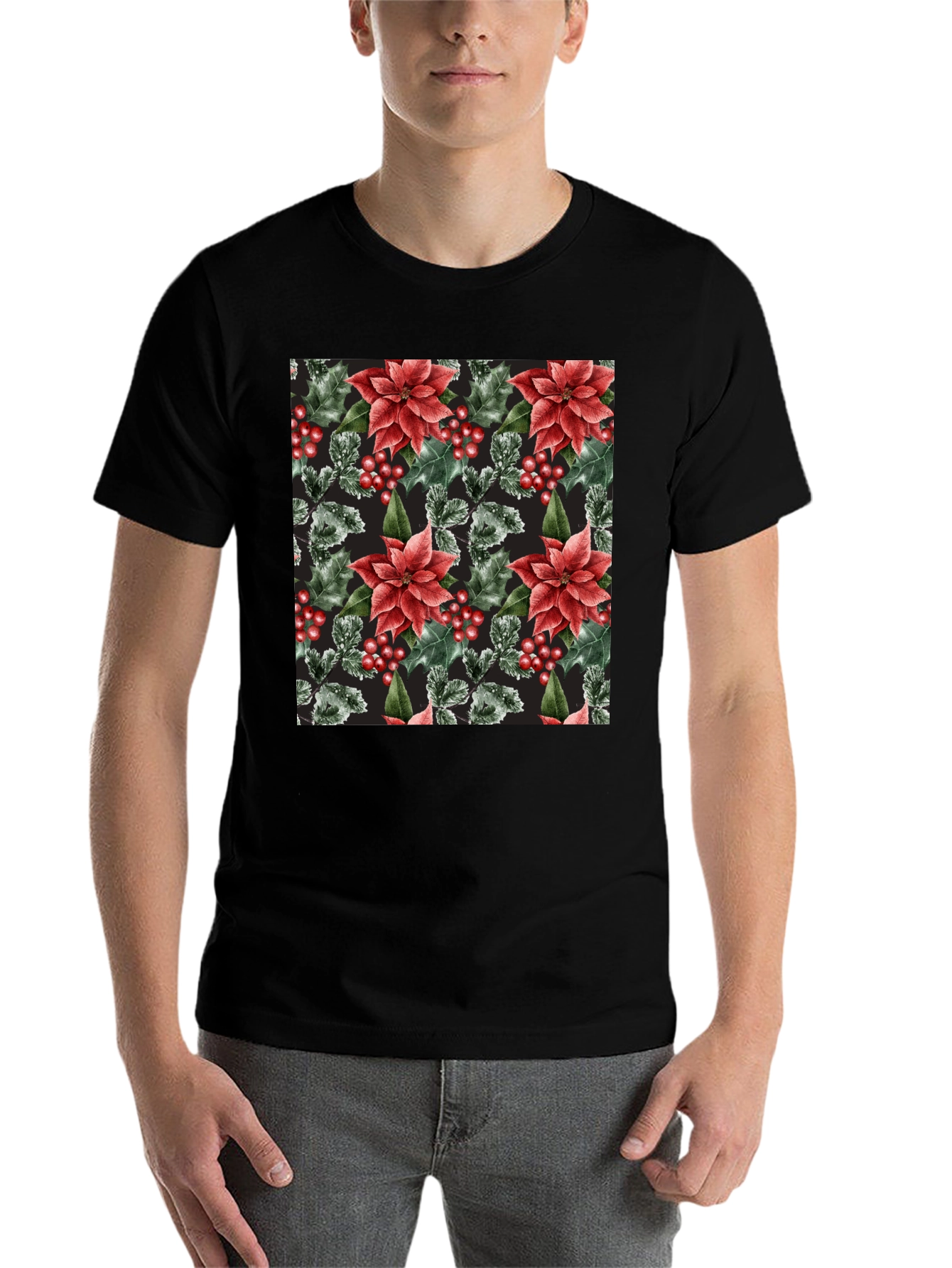 Black Festive Floral Holiday T-Shirt view 7
