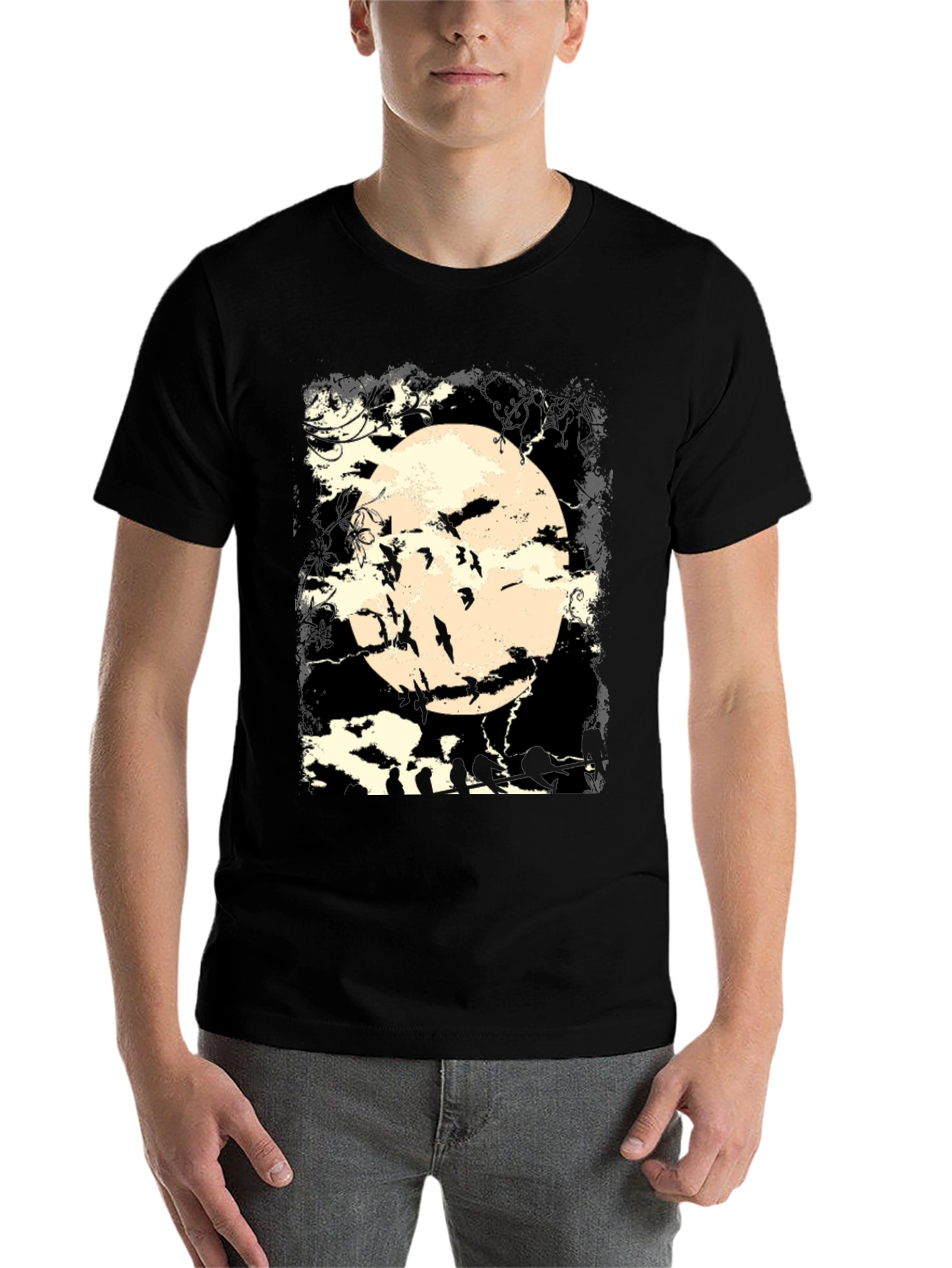 Black Spooky Moon Bats Graphic T-Shirt view 7