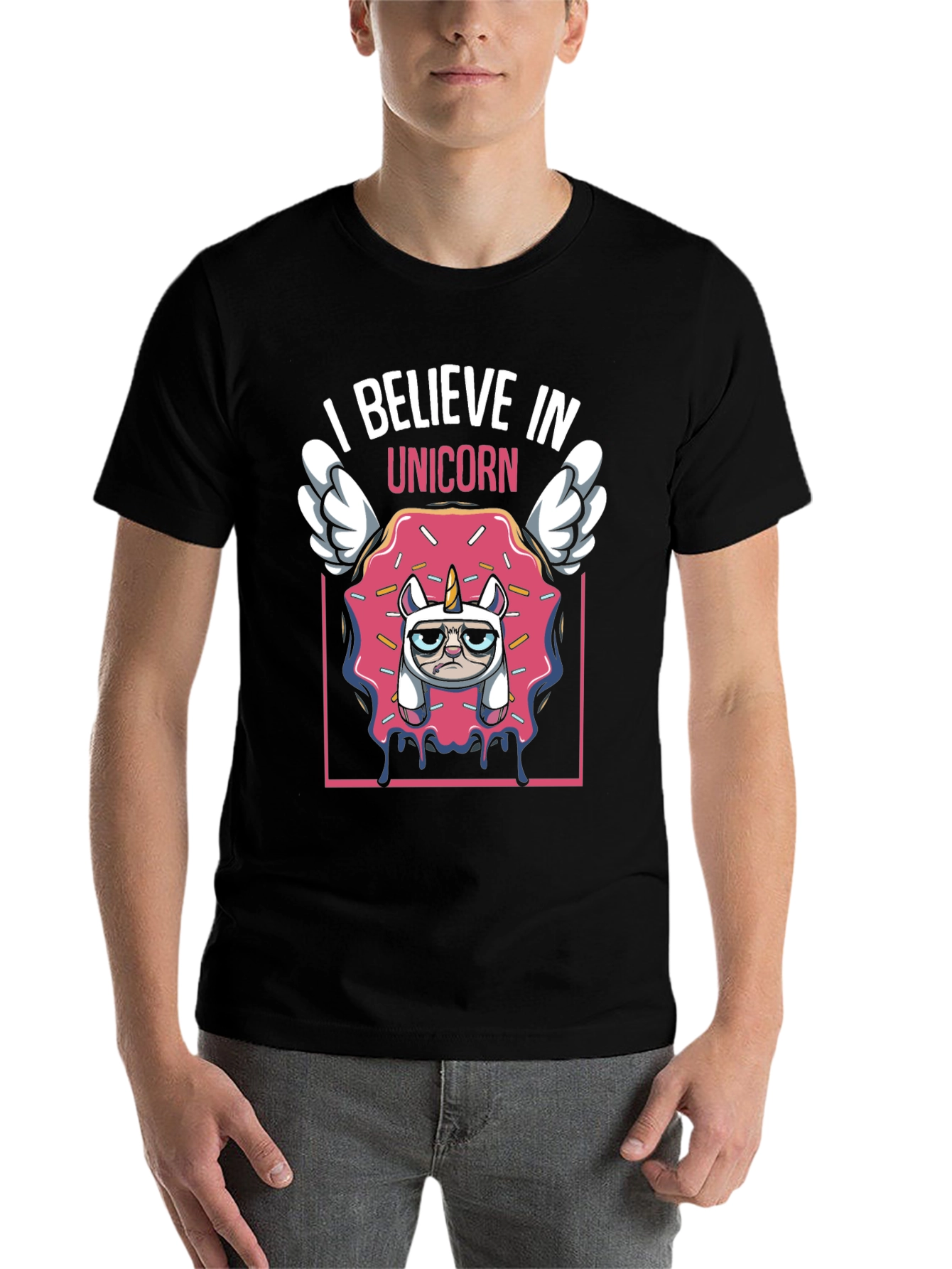 Black I Believe In Unicorn Funny Graphic T-Shirt view 7