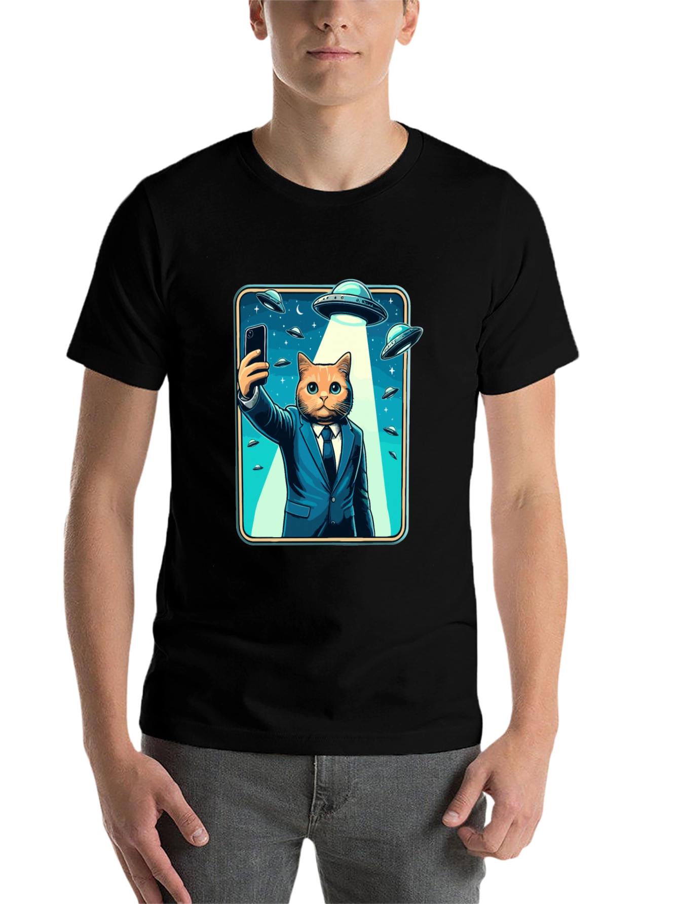 Black Cat in Suit UFO Selfie Graphic T-Shirt view 7