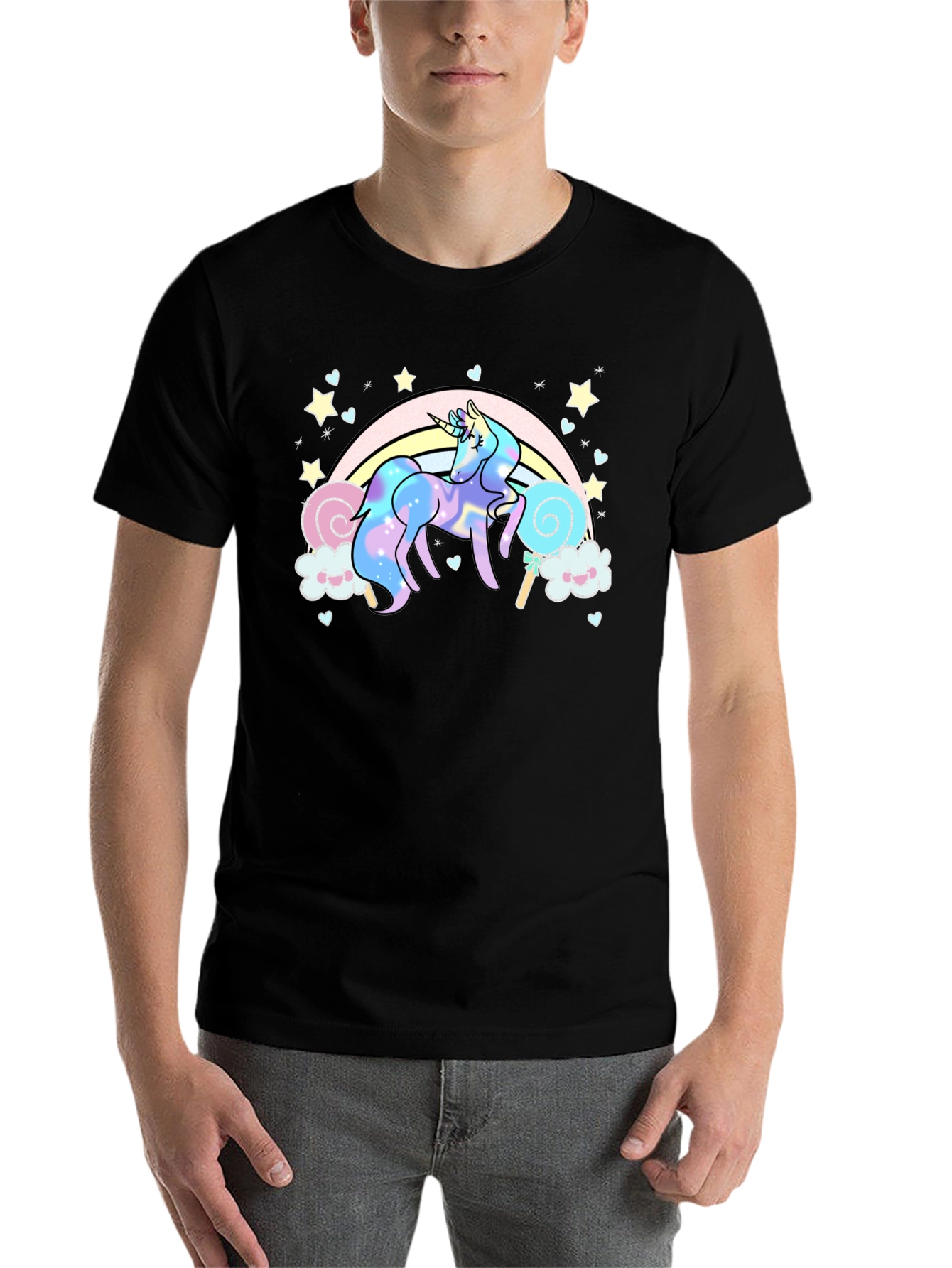 Black Unicorn Rainbow T-Shirt, Black Cotton Tee view 7