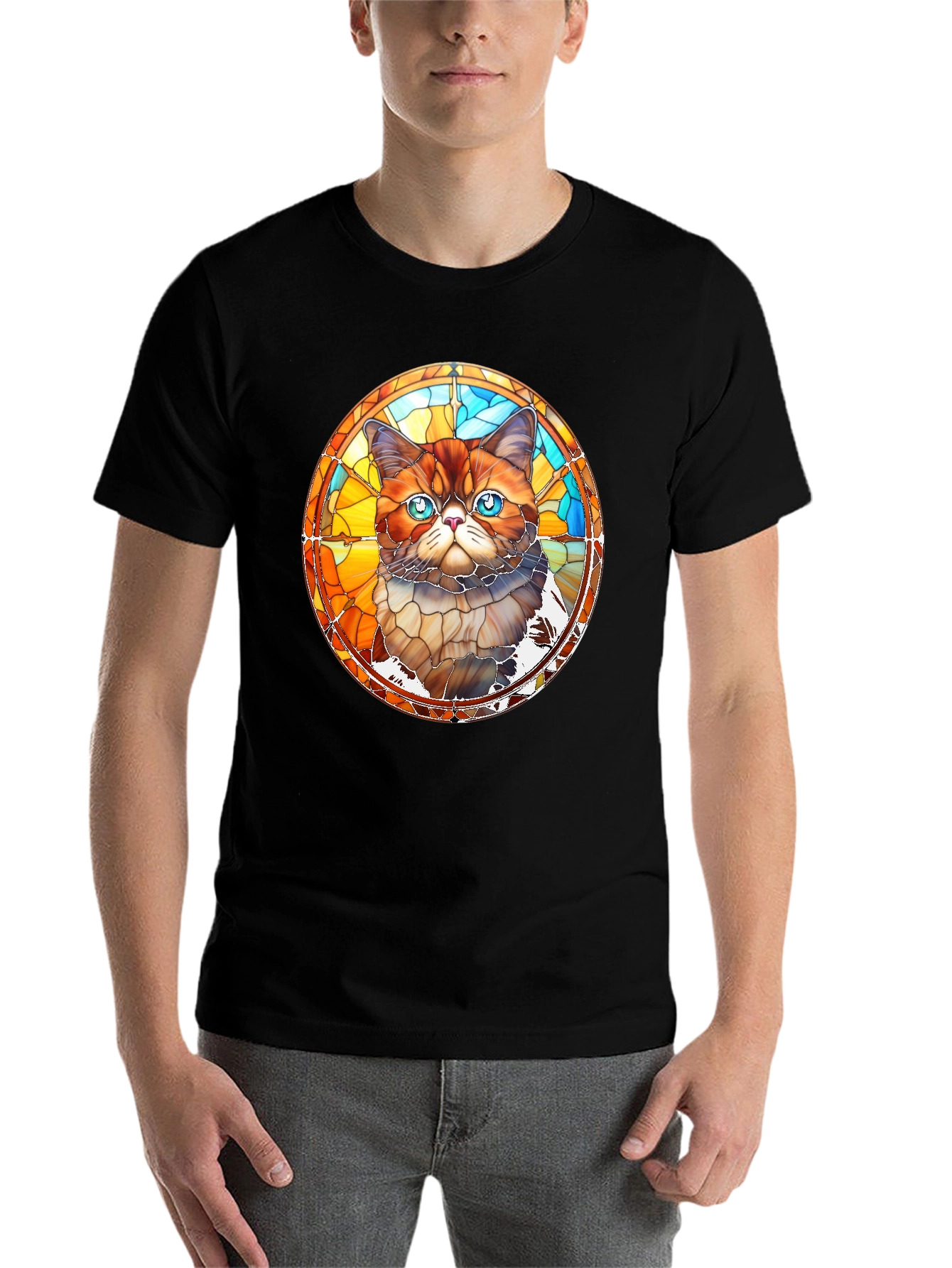 Black Stained Glass Cat Graphic Black T-Shirt view 7
