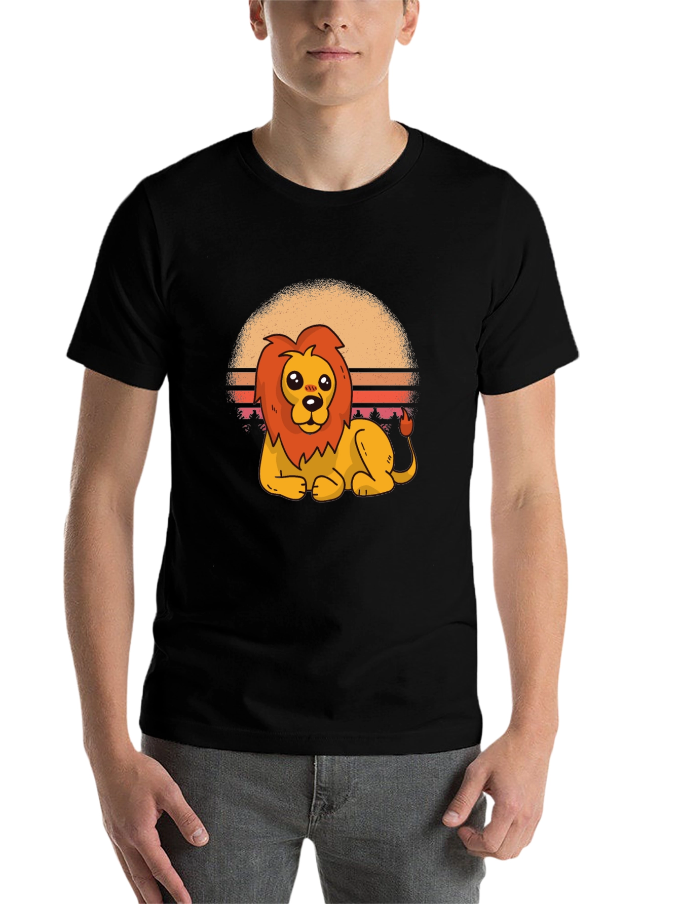 Black Cartoon Lion Graphic Tee - Black Cotton T-Shirt view 7