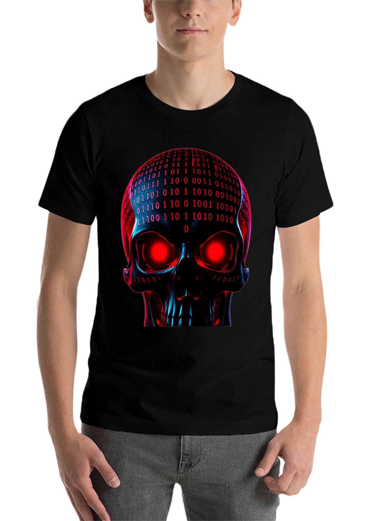 Black Cyber Skull Graphic Tee - Binary Code Skull view 7