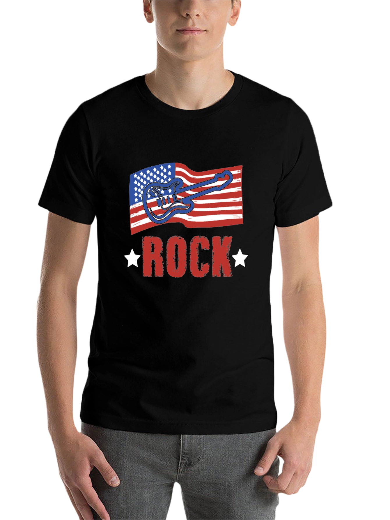 Black American Flag Rock Guitar Black T-Shirt view 7