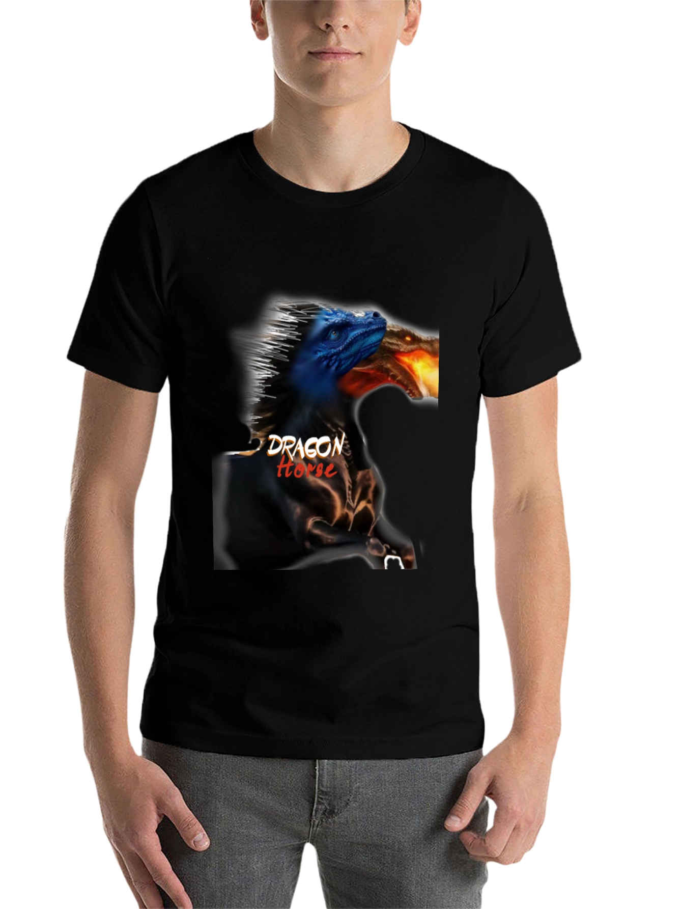 Black Dragon Horse Graphic Tee - Black Cotton T-Shirt view 7