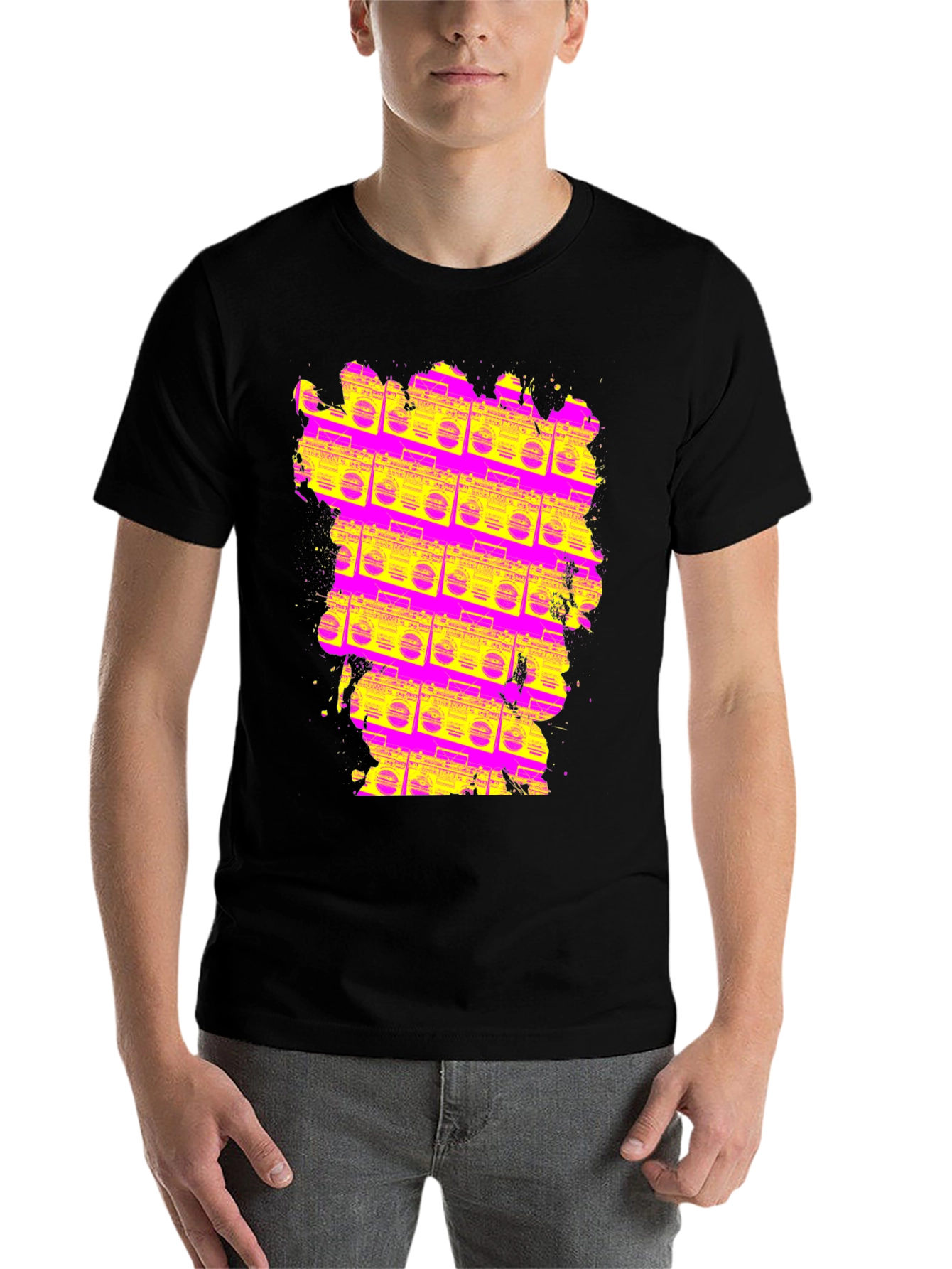 Black Retro Boombox T-Shirt - Vivid 80s Style view 7