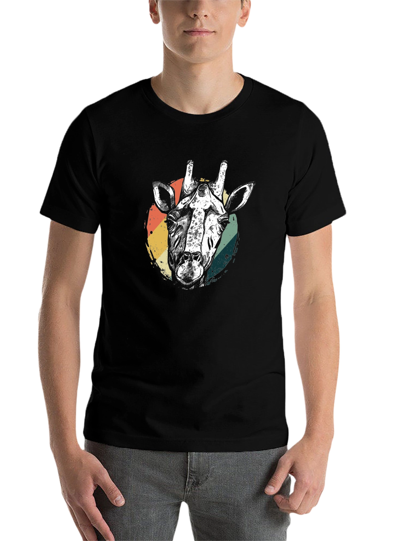 Black Retro Giraffe Graphic Tee - Black Cotton T-Shirt view 7