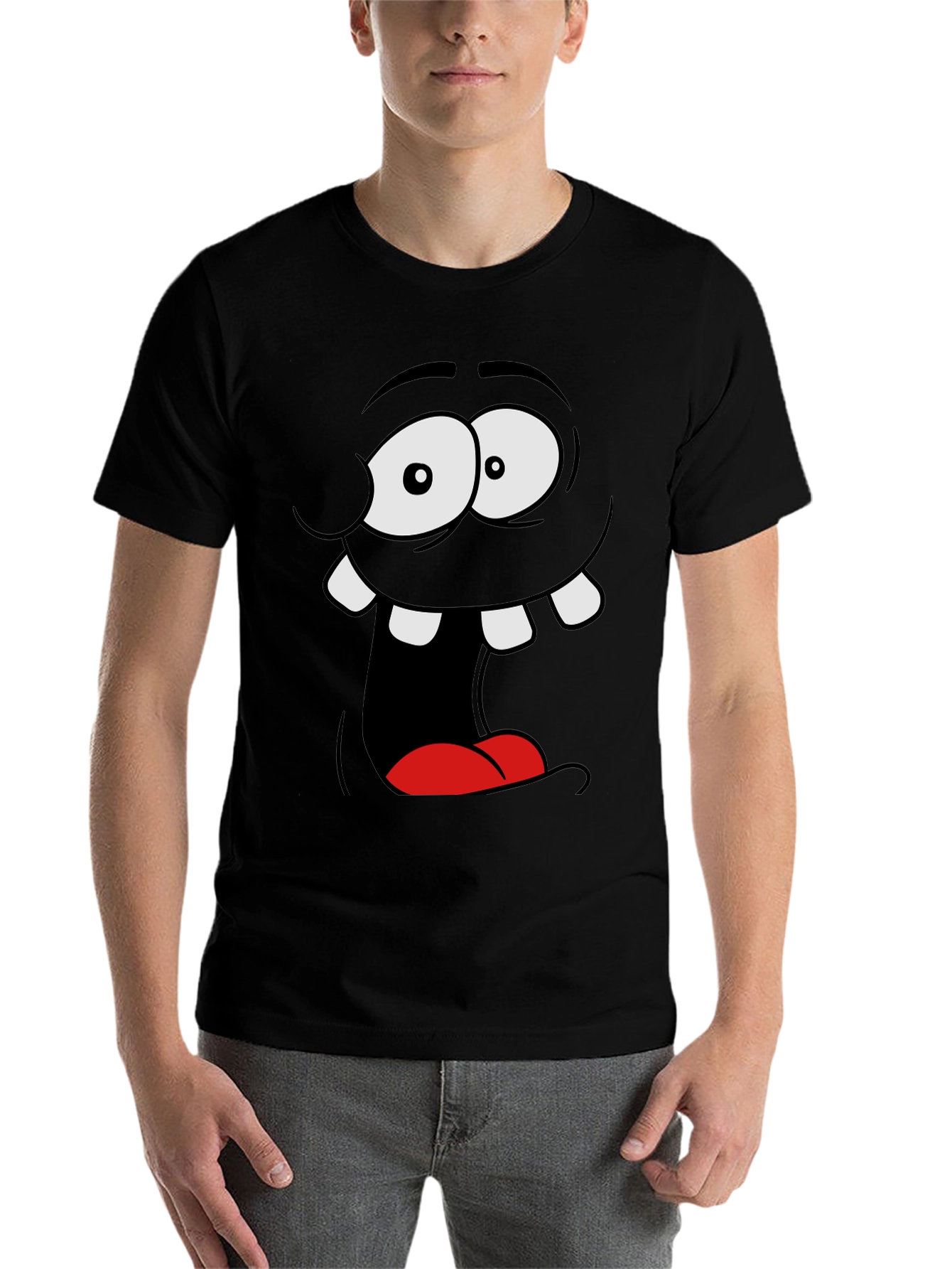 Black Funny Cartoon Face Black Graphic Tee view 7