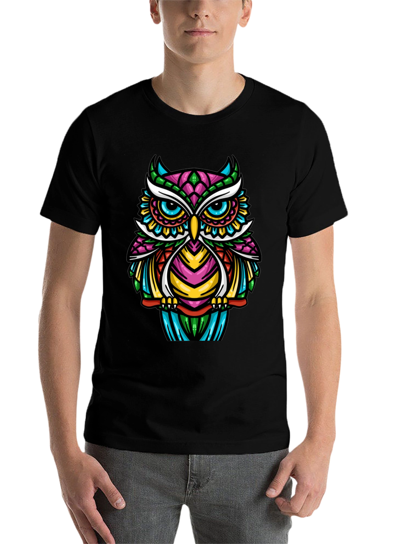 Black Colorful Owl Graphic T-Shirt - Unique Design view 7