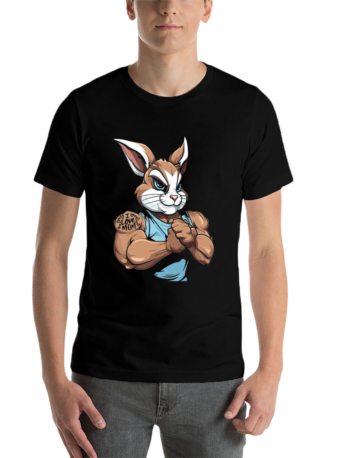 Black Muscular Bunny T-Shirt - I Love Mom view 7