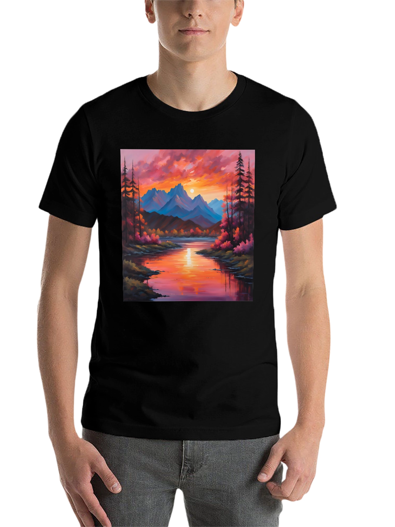 Black Sunset Mountain River Painting Graphic Tee view 7