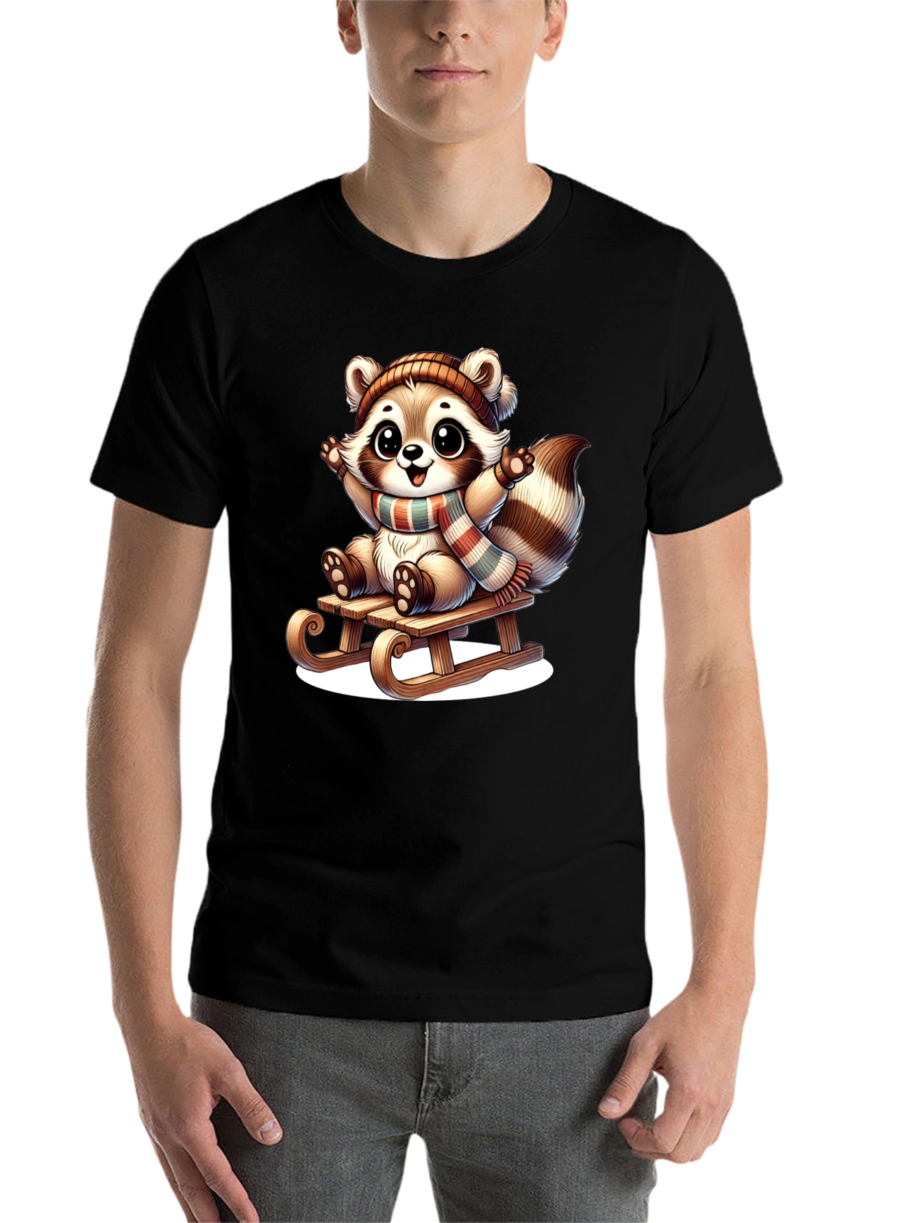 Black Cute Raccoon Sledding Graphic Tee view 7