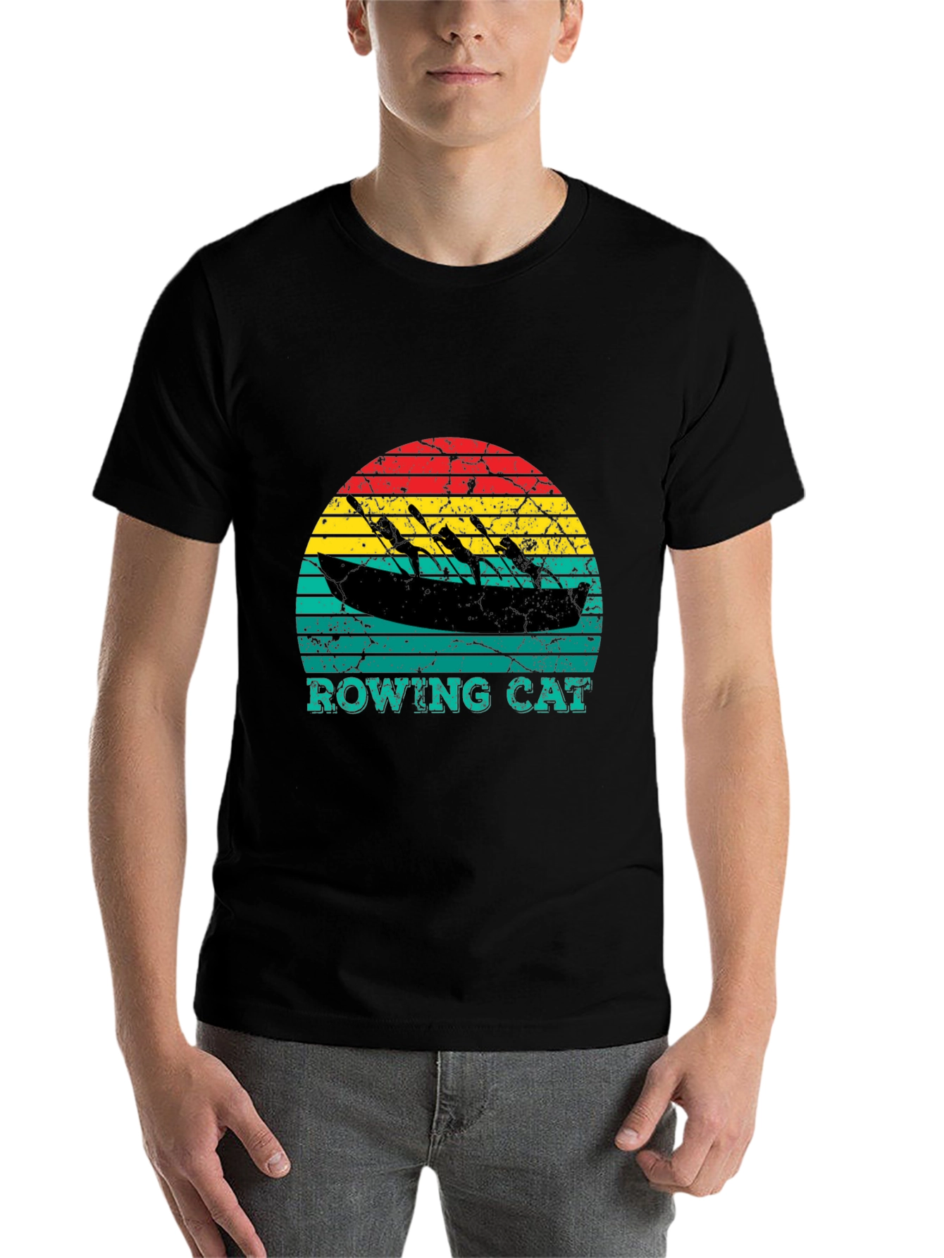 Black Rowing Cat T-Shirt - Vintage Style Tee view 7