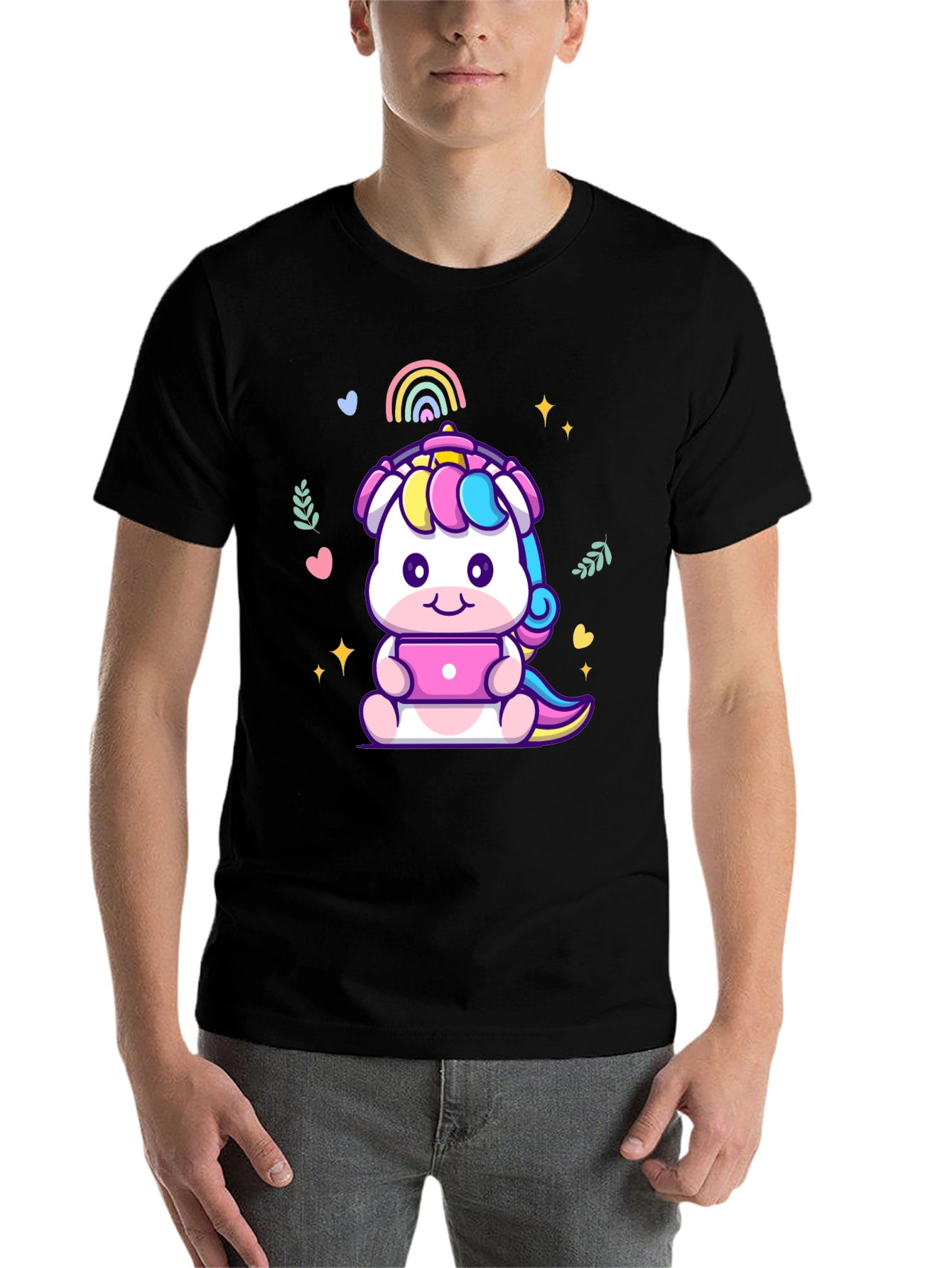 Black Cute Unicorn Laptop Graphic Tee - Black T-Shirt view 7