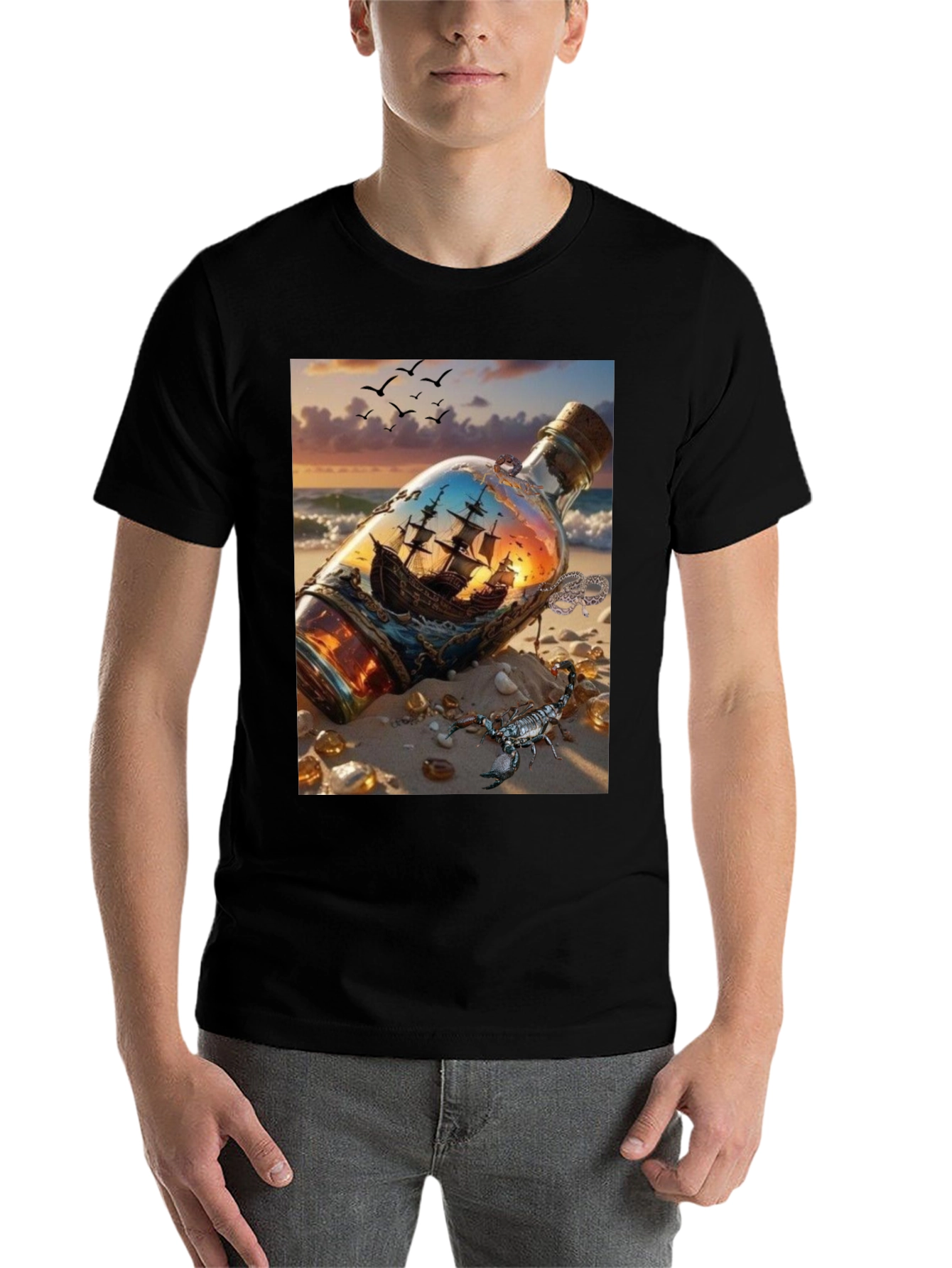 Black Ship in a Bottle Graphic Tee view 7
