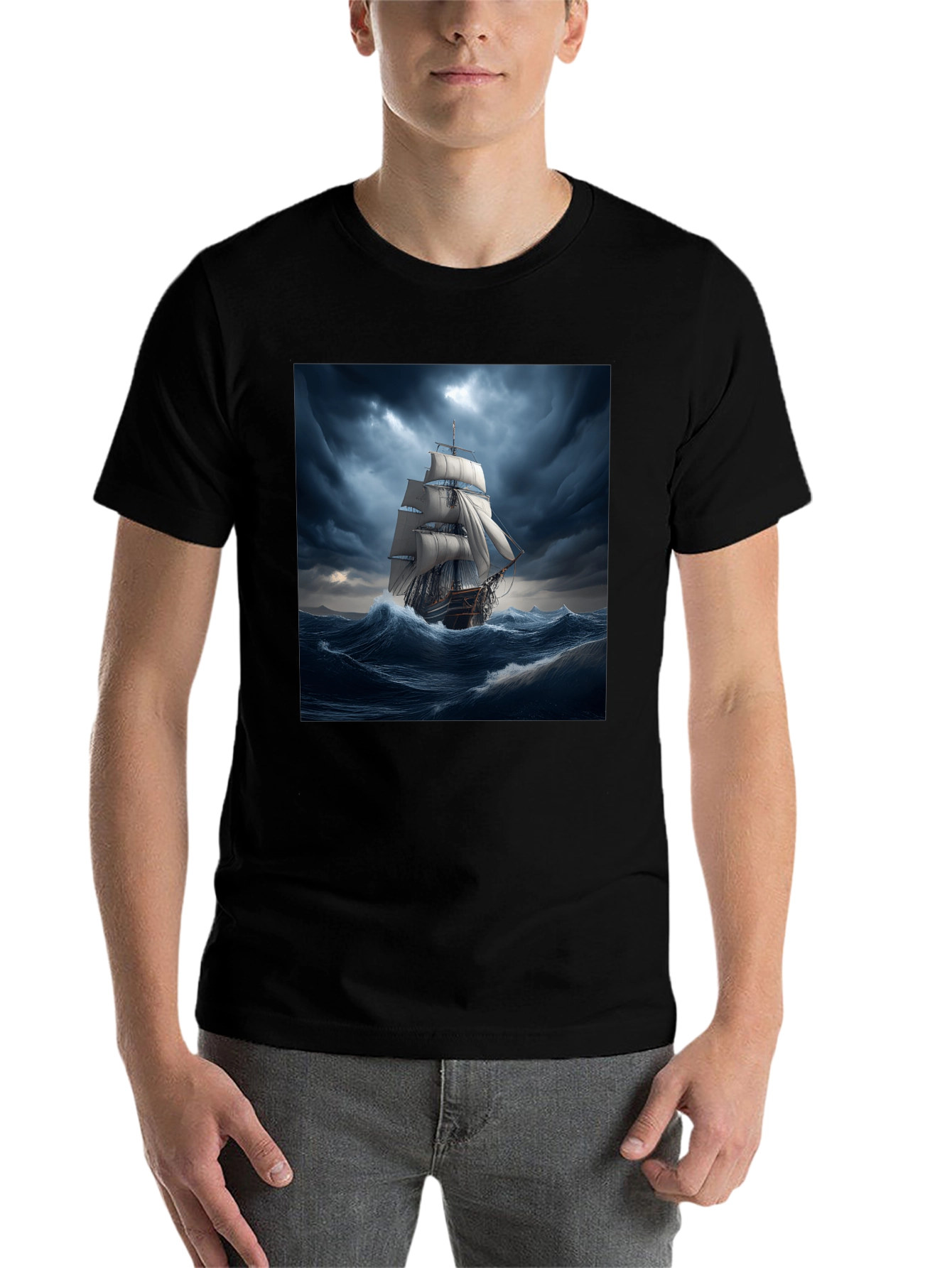 Black Nautical Storm Ship Graphic Tee - Black Cotton Blend view 7