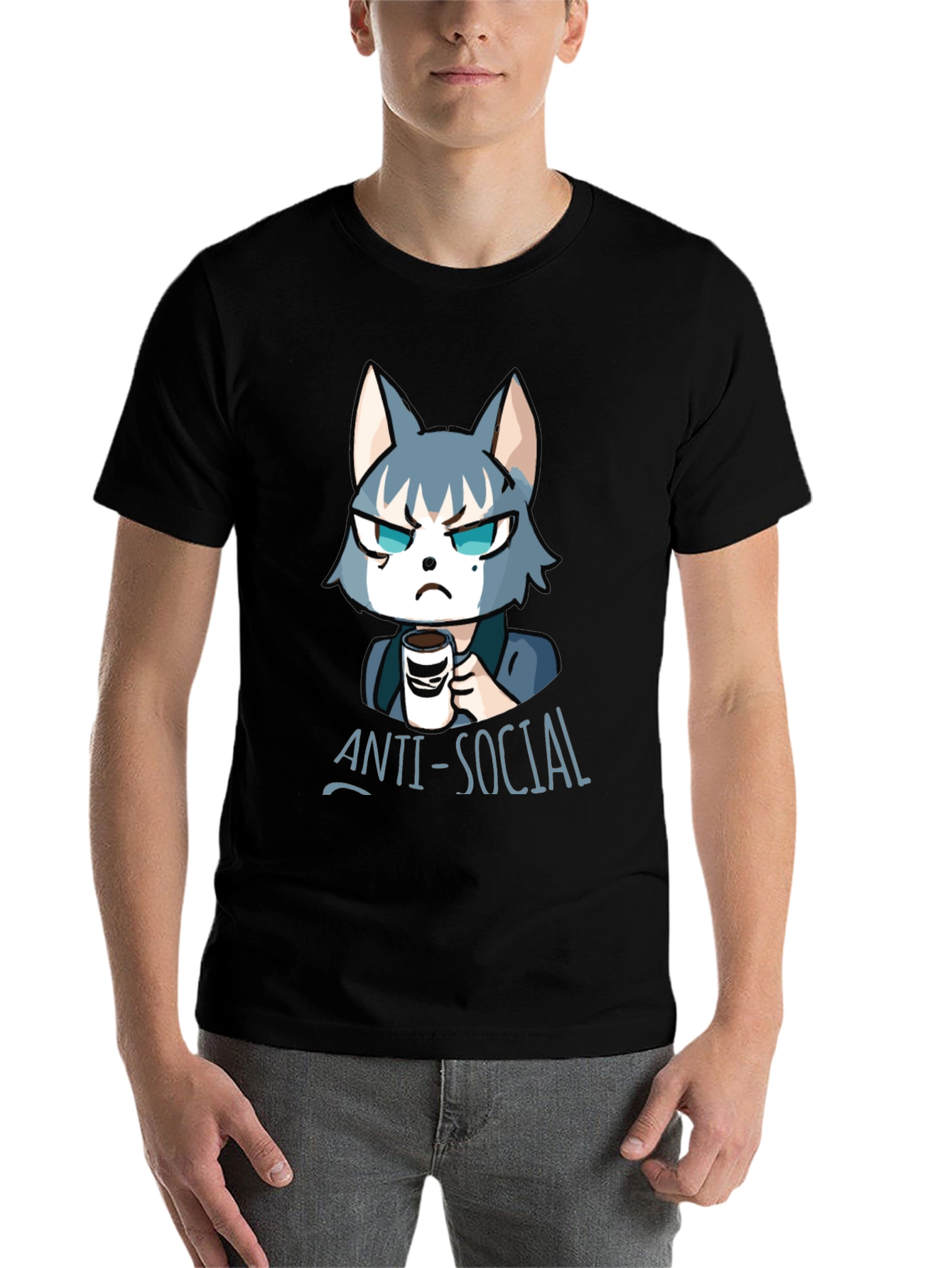 Black Anti-Social Wolf Graphic Tee - Coffee Lover T-Shirt view 7