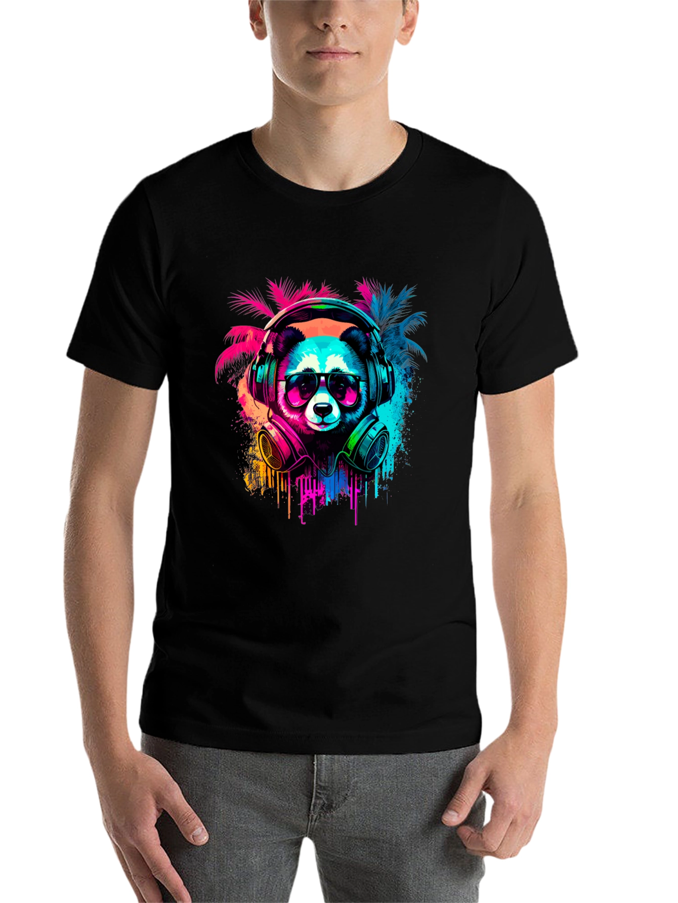Black Neon Panda Headphones Graphic Tee view 7