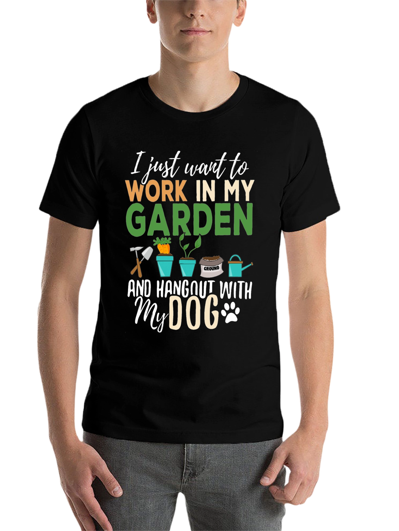 Black Gardener's Tee: Work in My Garden and Hang Out With My Dog T-Shirt view 7