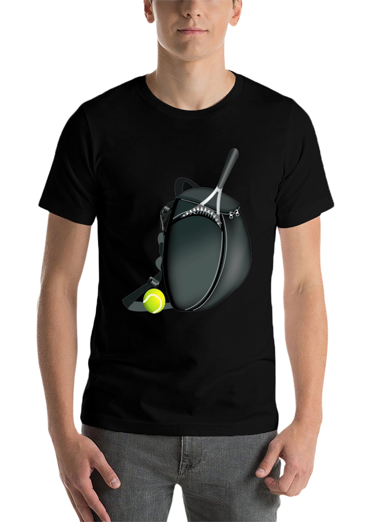 Black Tennis Racket & Ball Graphic Tee - Sporty Casual Style view 7