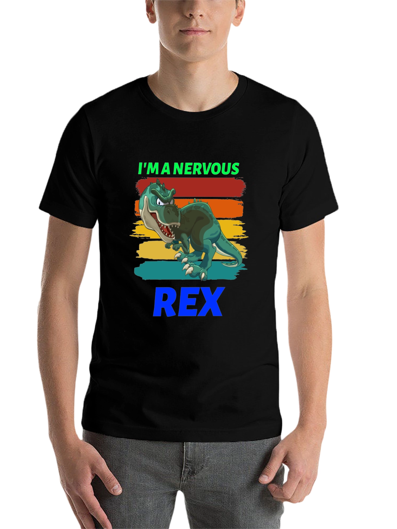 Black Nervous Rex T-Shirt - Cartoon Dinosaur Tee view 7