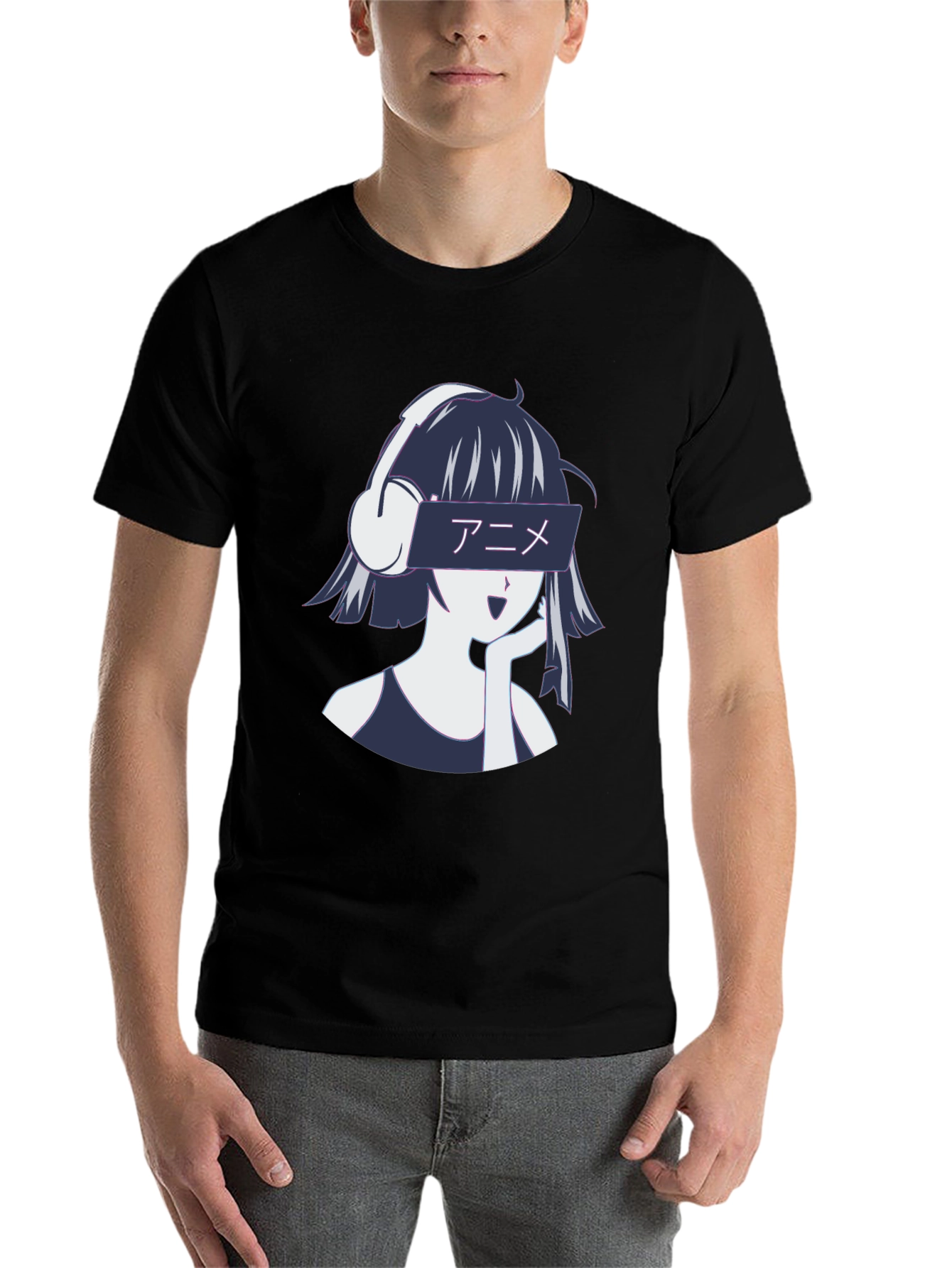 Black Anime Girl Headphones Graphic T-Shirt - Stylish Casual Wear view 7