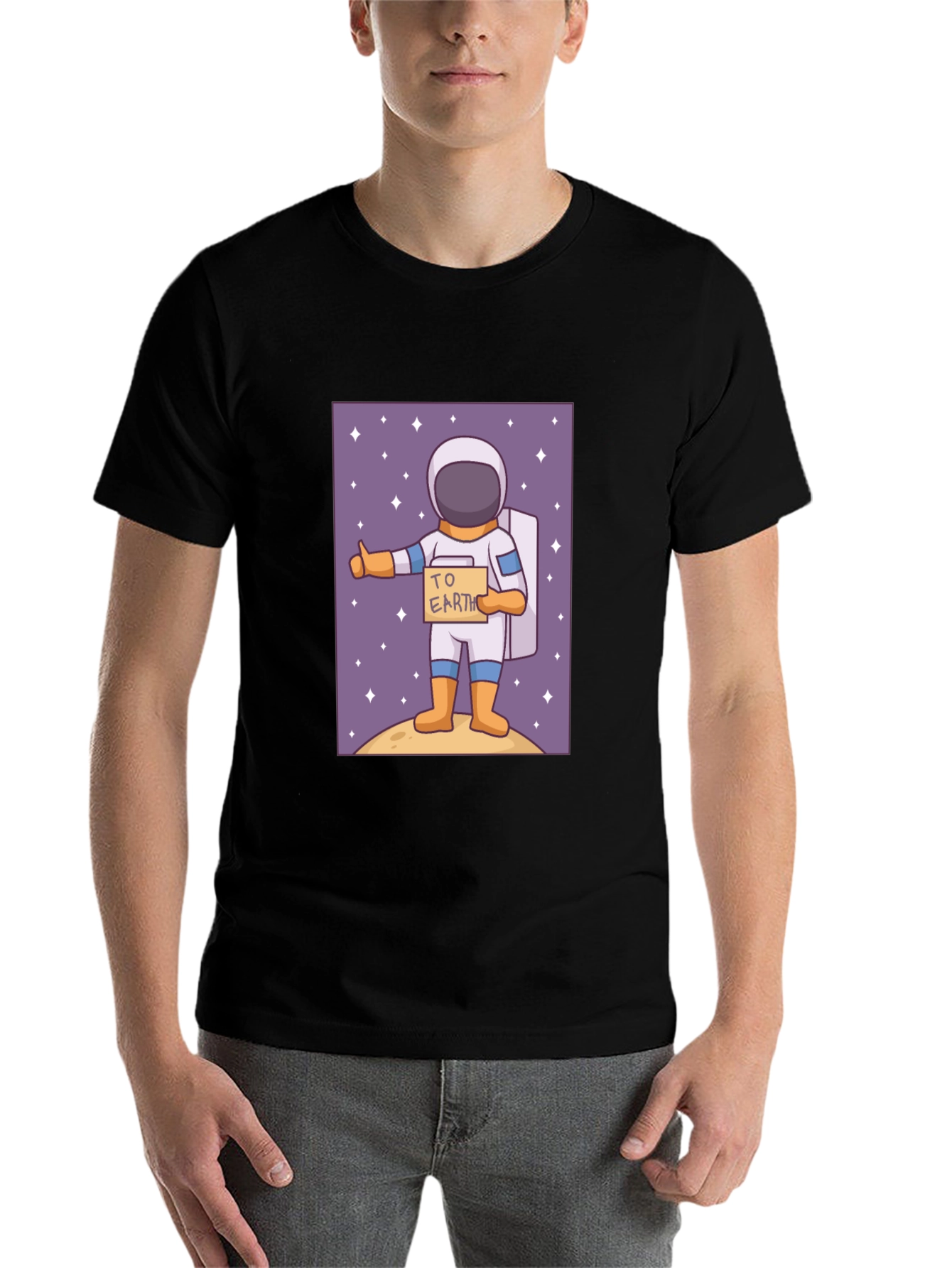 Black Astronaut Hitchhiking T-Shirt - To Earth Cartoon Tee view 7