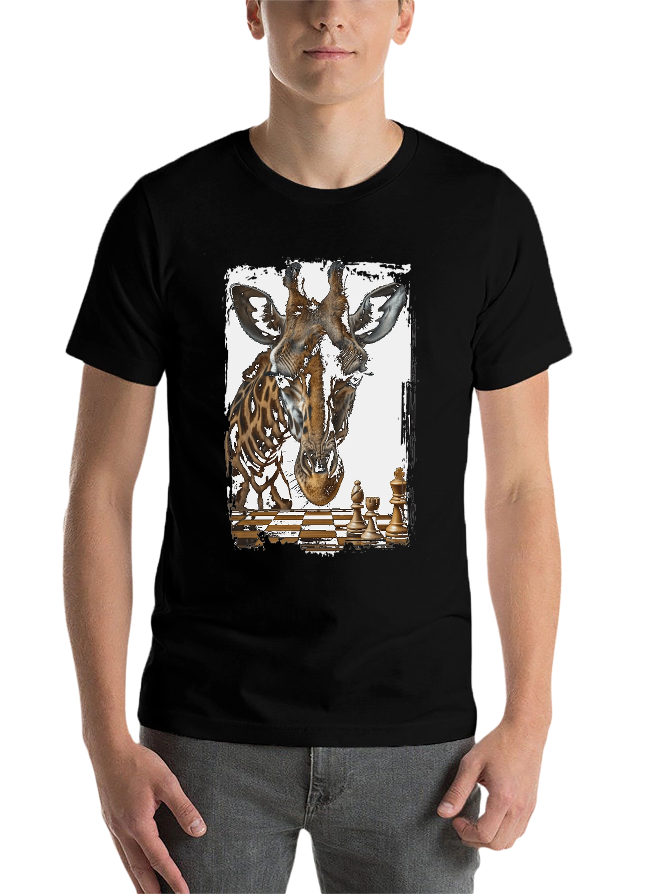 Black Giraffe Chess Graphic Tee - Novelty Design T-Shirt view 7