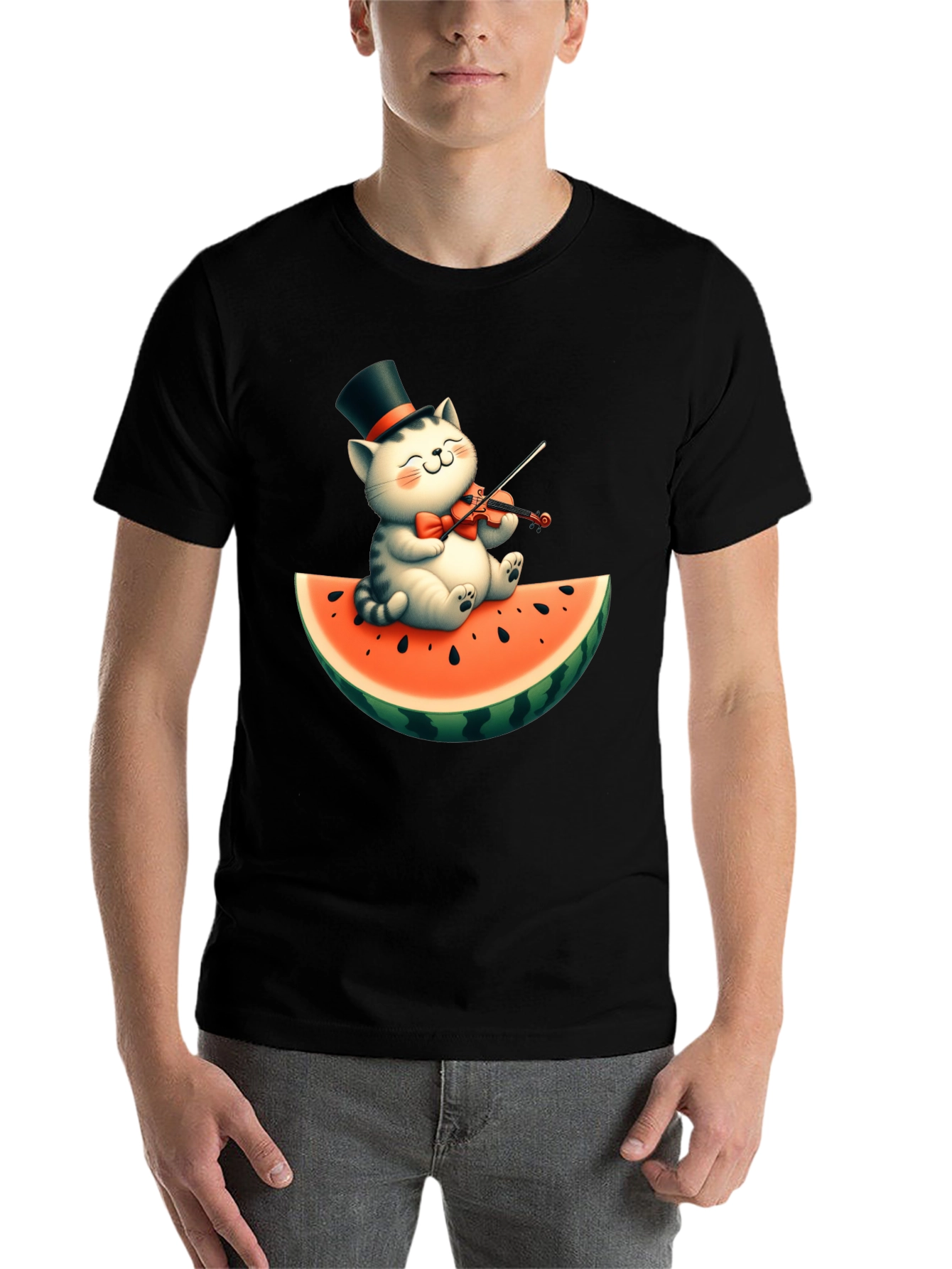 Black Cat Playing Violin on Watermelon Graphic Tee view 7