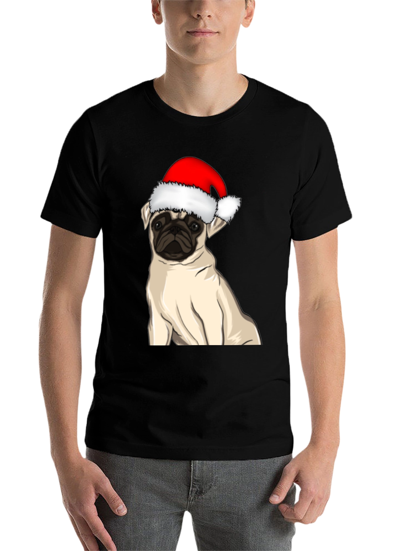 Black Pug in Santa Hat Graphic Tee view 7
