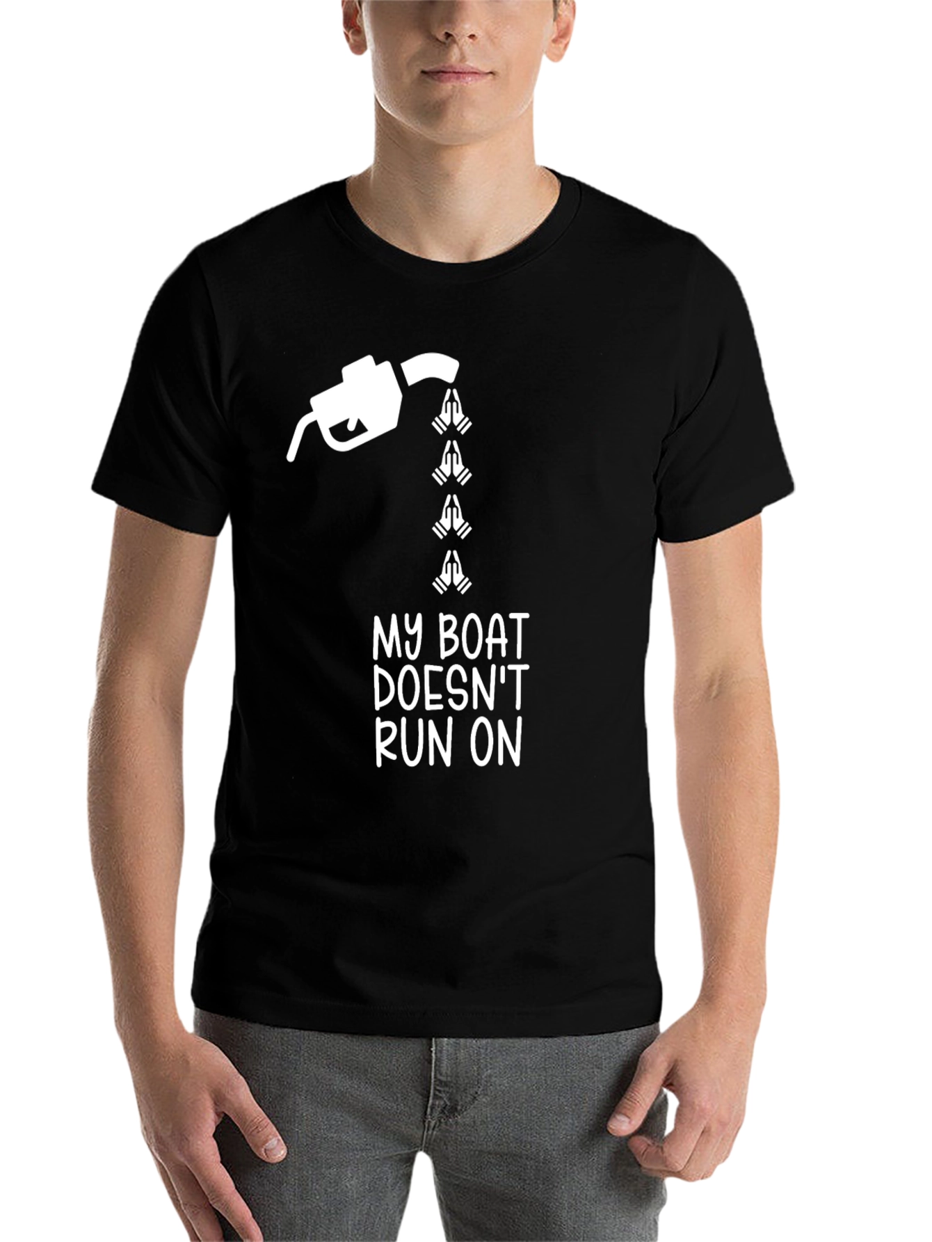 Black Funny Boating T-Shirt - My Boat Doesn't Run on Prayers view 7