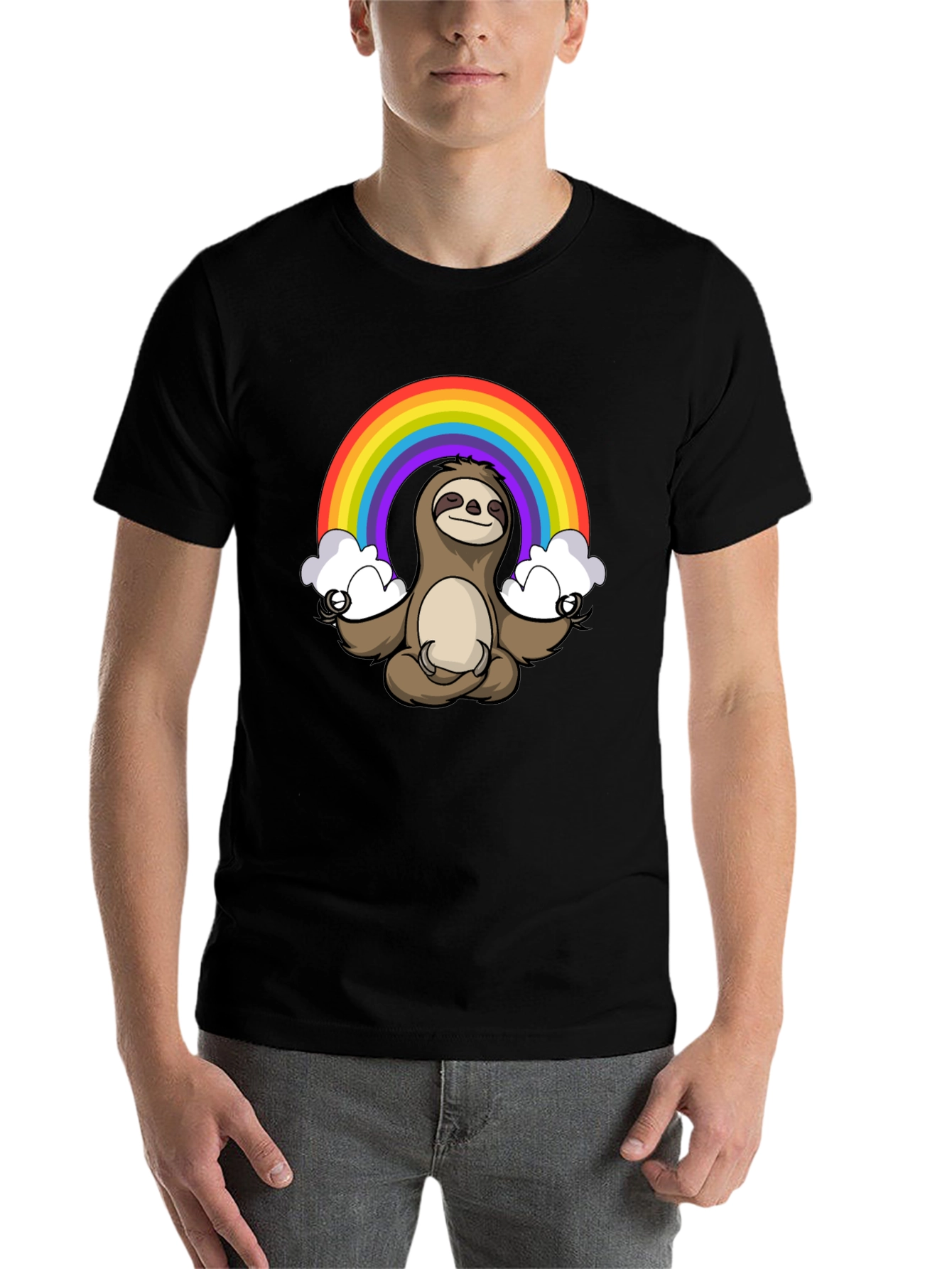 Black Meditating Sloth Rainbow T-Shirt - Relaxed Zen Style view 7